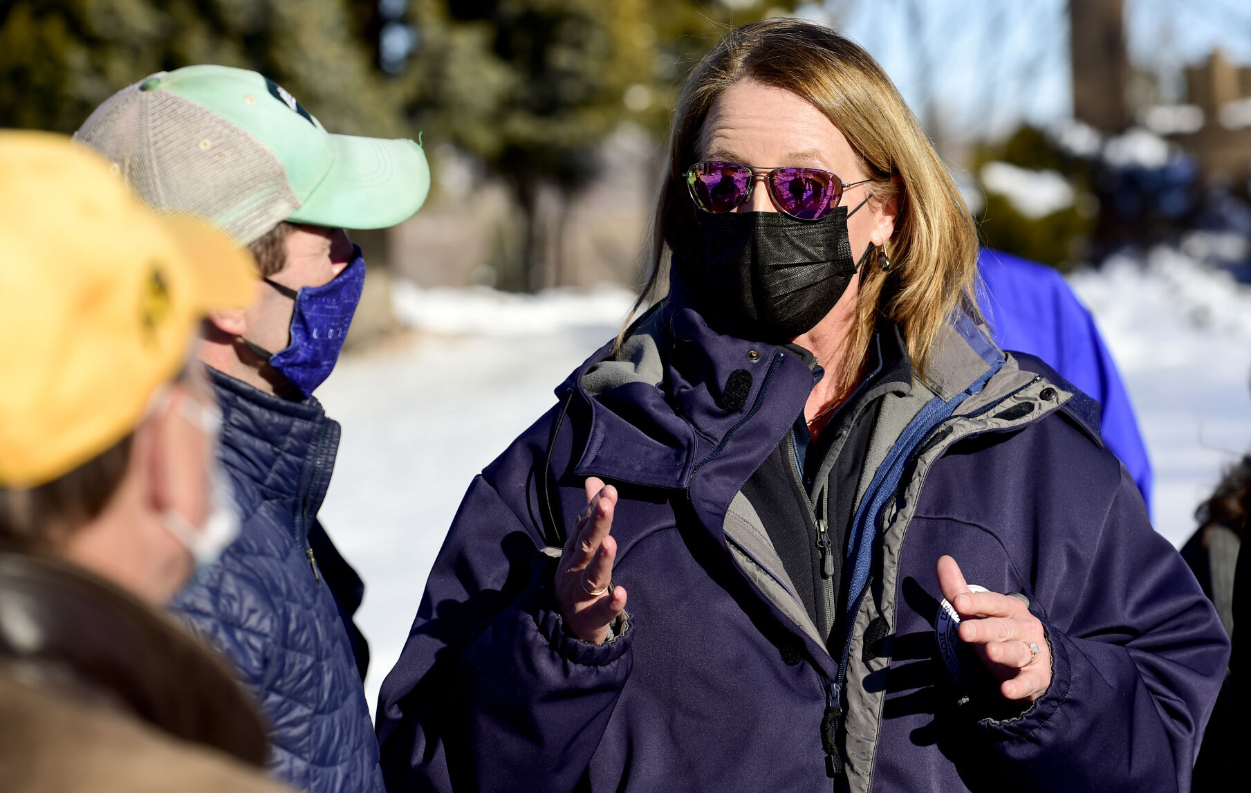 LOUISVILLE, CO - JANUARY 2:Federal Emergency Management Agency Administrator Deanne Criswell, right, talks with officials during a tour of the Marshall Fire burn area in Louisville on Sunday, Jan. 2, 2022. The current estimate of destroyed structures is 991, while 127 structures are damaged according to Boulder County Sheriff Joe Pelle. (Matthew Jonas/Boulder Daily Camera/Pool) (Matthew Jonas)