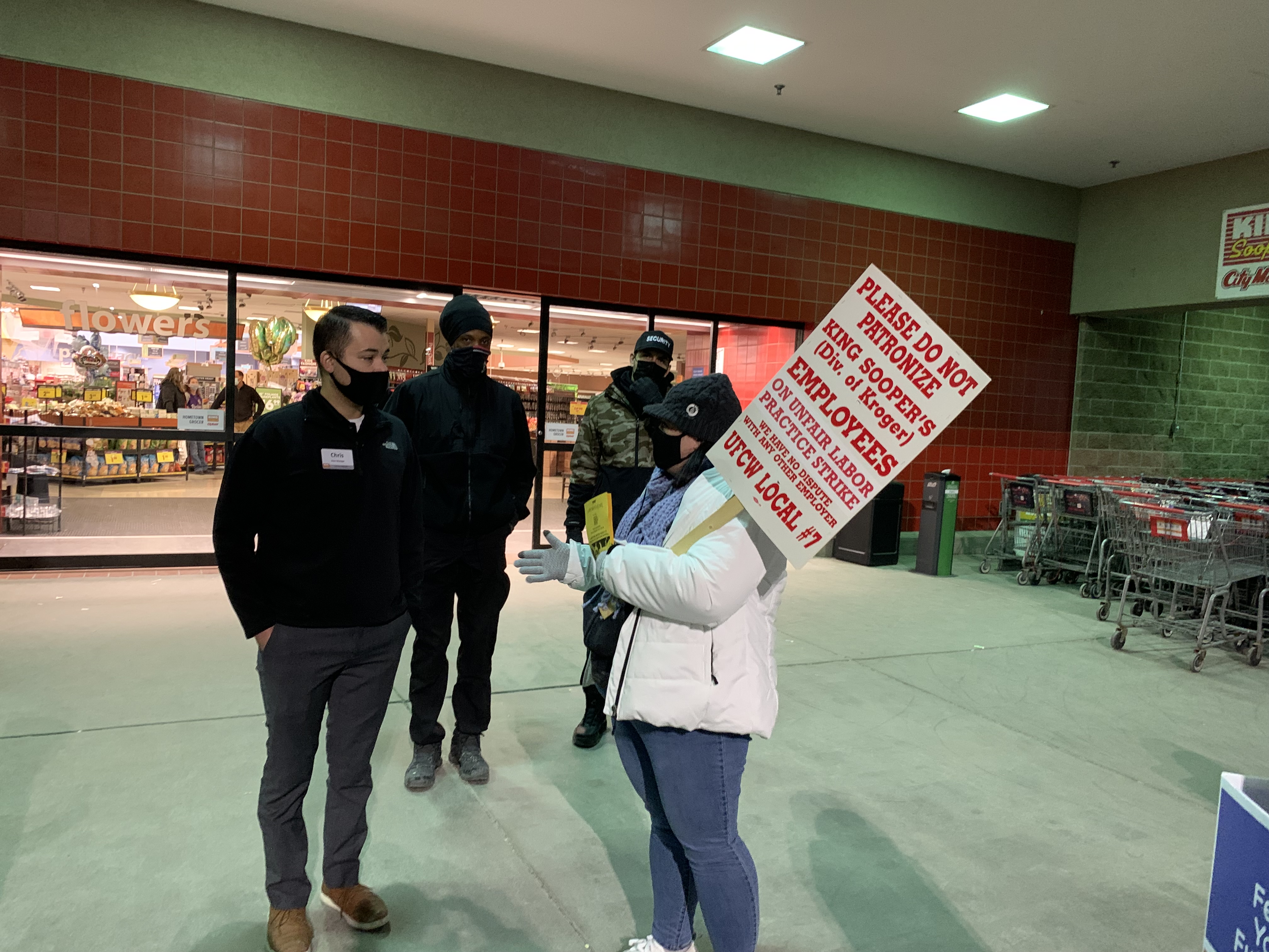 Managers and security guards at the King Soopers in Parker, off Lincoln and Jordan roads, inform a picketer she needs to stay off the sidewalk in front of the store and not impede customers. The United Food and Commercial Workers Local 7 strike against The Kroger Co., owner of King Soopers/City Markets, begain 5 a.m. Wednesday. (DennisHuspeniCity Editordennis.huspeni@gazette.comhttps://denvergazette.com/content/tncms/avatars/c/5a/fbd/c5afbd32-5030-11eb-bdef-030d9de52a9e.779683cee495ffe64766291c251a8894.png)