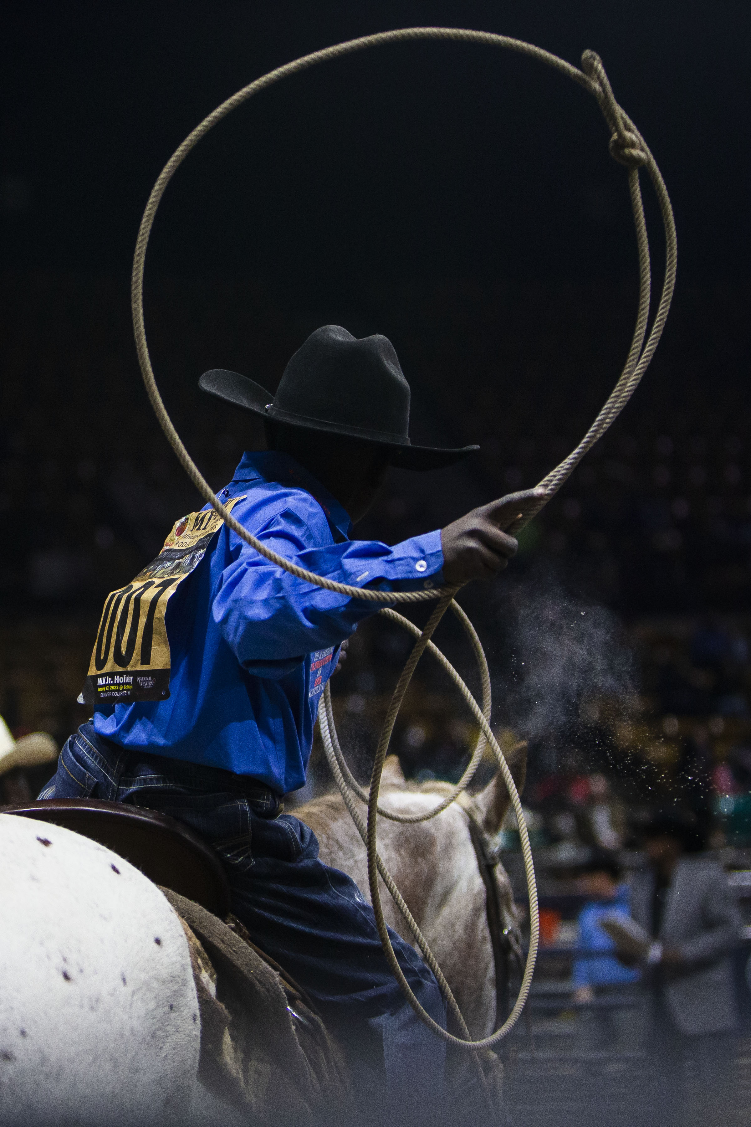 Harrell Williams Jr., from Prairie View, Texas, practices before competing in the junior breakaway roping competition during the African-American Heritage Rodeo at the National Western Stock Show on Monday, Jan. 17, 2022, in Denver, Colo. (Timothy Hurst/The Gazette) (Timothy Hurst)