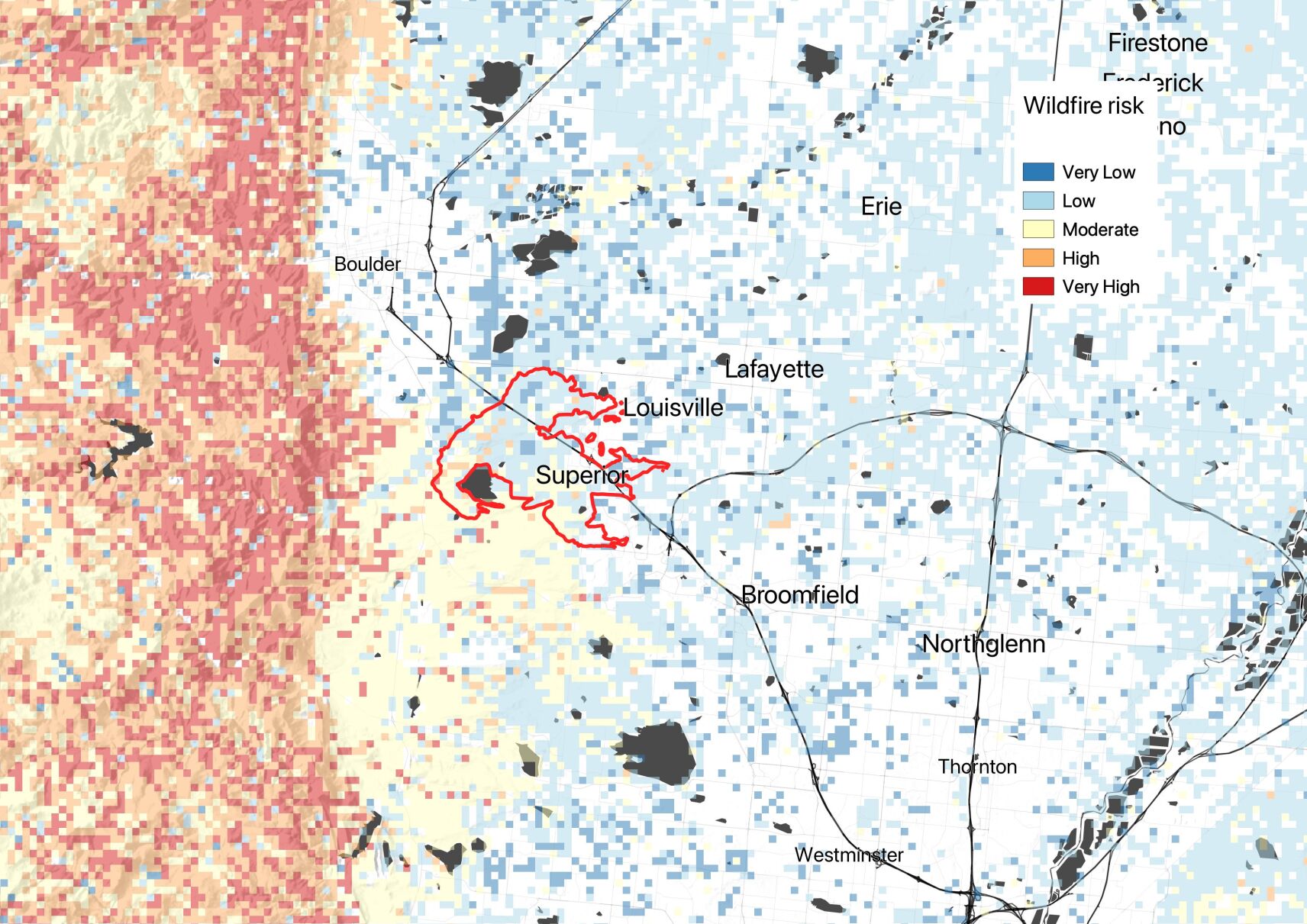 The Marshall fire struck an area mostly considered to be “low” and “moderate” wildfire risk, but bordering areas are in “very high” wildfire risk zones, on the edge of the wildland-urban interface.