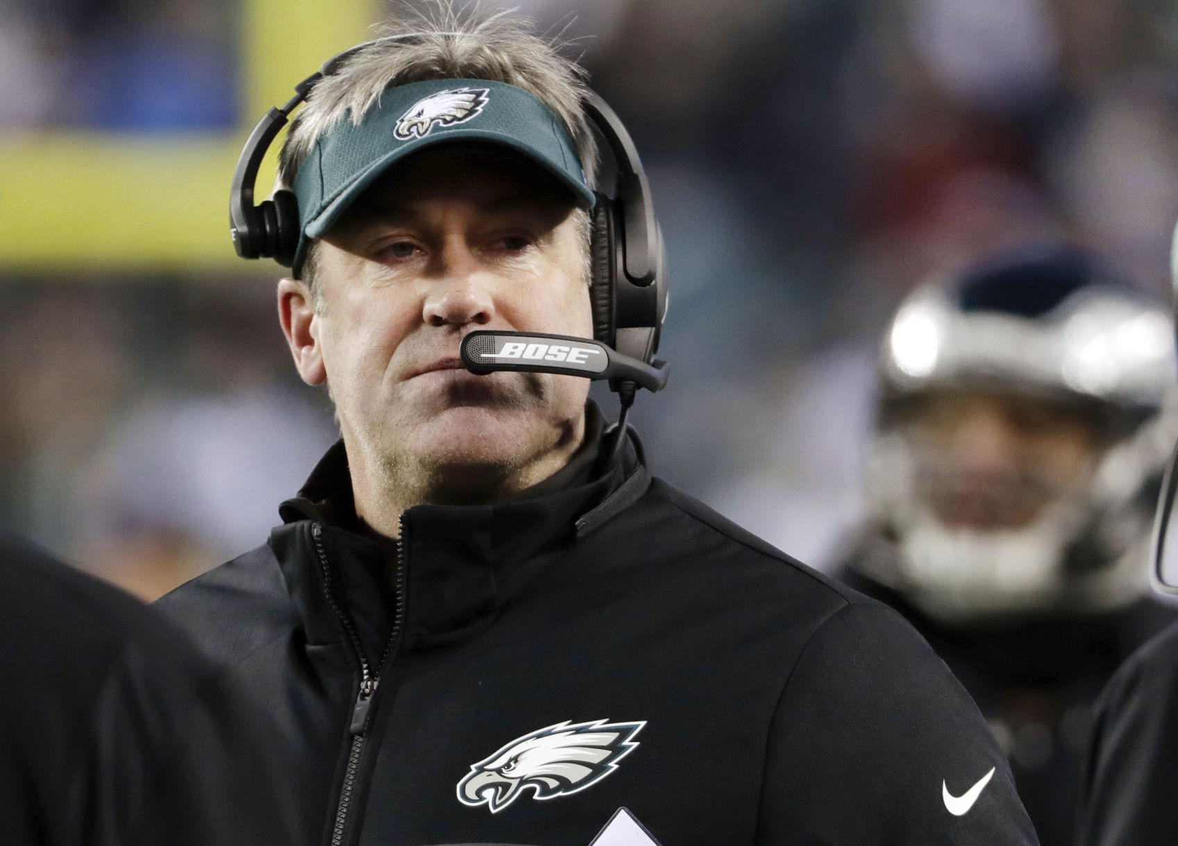 FILE - In this Saturday, Jan. 13, 2018, file photo, Philadelphia Eagles' head coach Doug Pederson looks on during the first half of an NFL divisional playoff football game against the Atlanta Falcons in Philadelphia. The Eagles and the New England Patriots are set to meet in Super Bowl 52 on Sunday, Feb. 4, 2018, in Minneapolis. (AP Photo/Chris Szagola) (Chris Szagola)