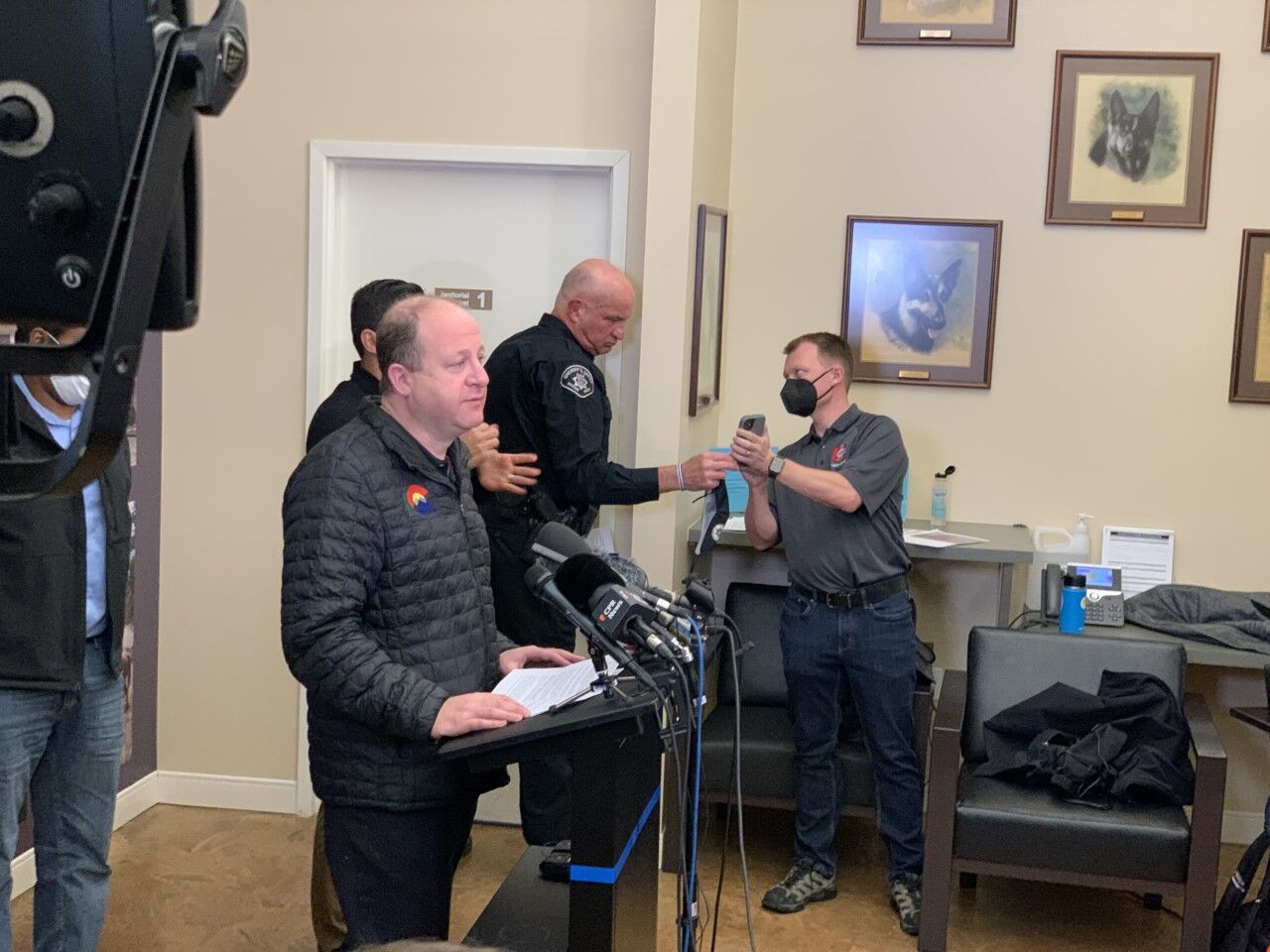 Colorado Gov. Jared Polis gives a briefing about the Boulder County wildfires from the Boulder County Sheriff's Office Friday morning. (Dennis Huspeni, Denver Gazette)