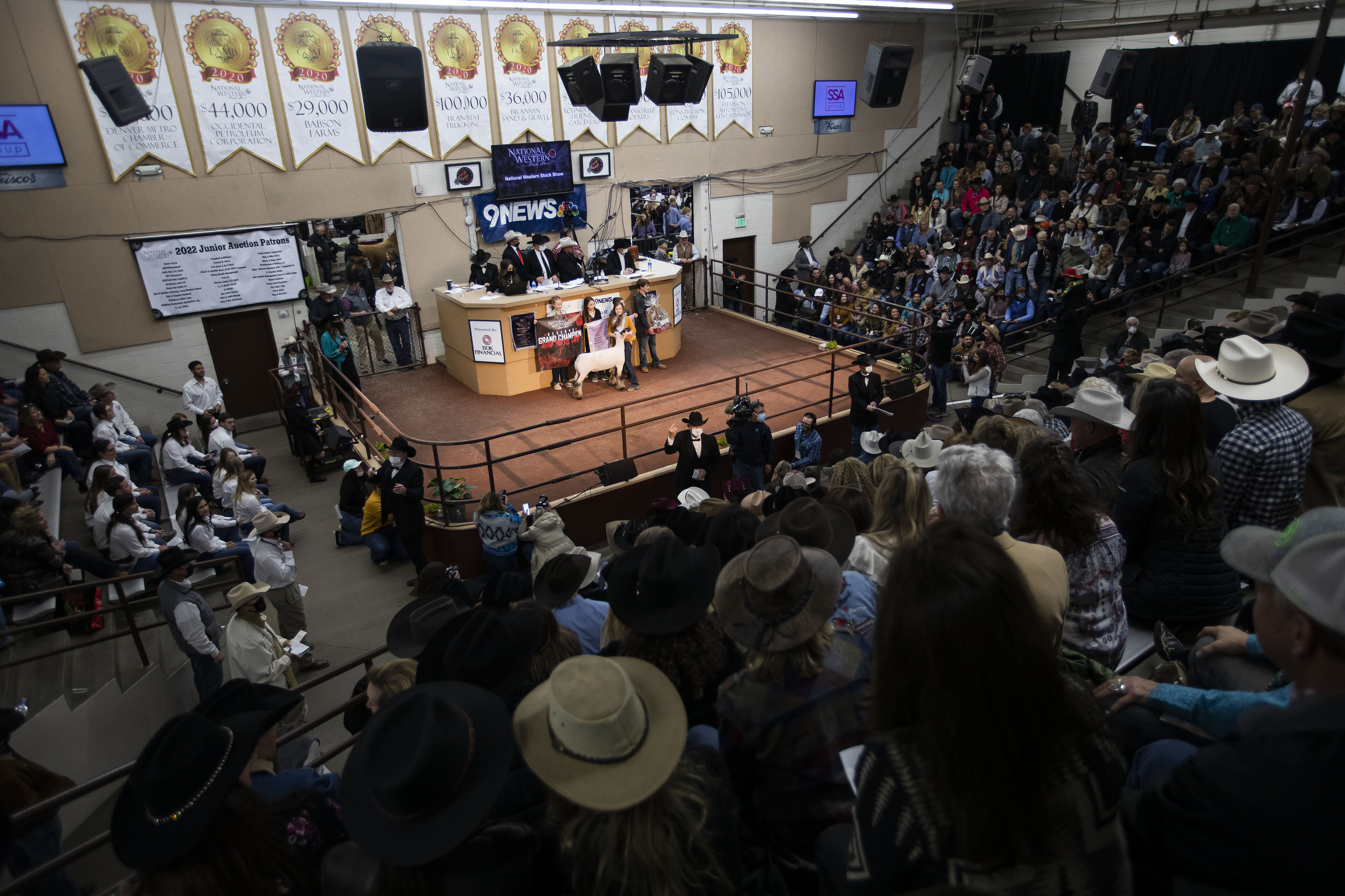 Auctioneers take bids while Sayde Allen holds her reserve grand champion market lamb during the National Western Stock Show Junior Livestock Champions Auctions on Friday, Jan. 21, 2022, in Denver, Colo. (Timothy Hurst/The Gazette) (Timothy Hurst)