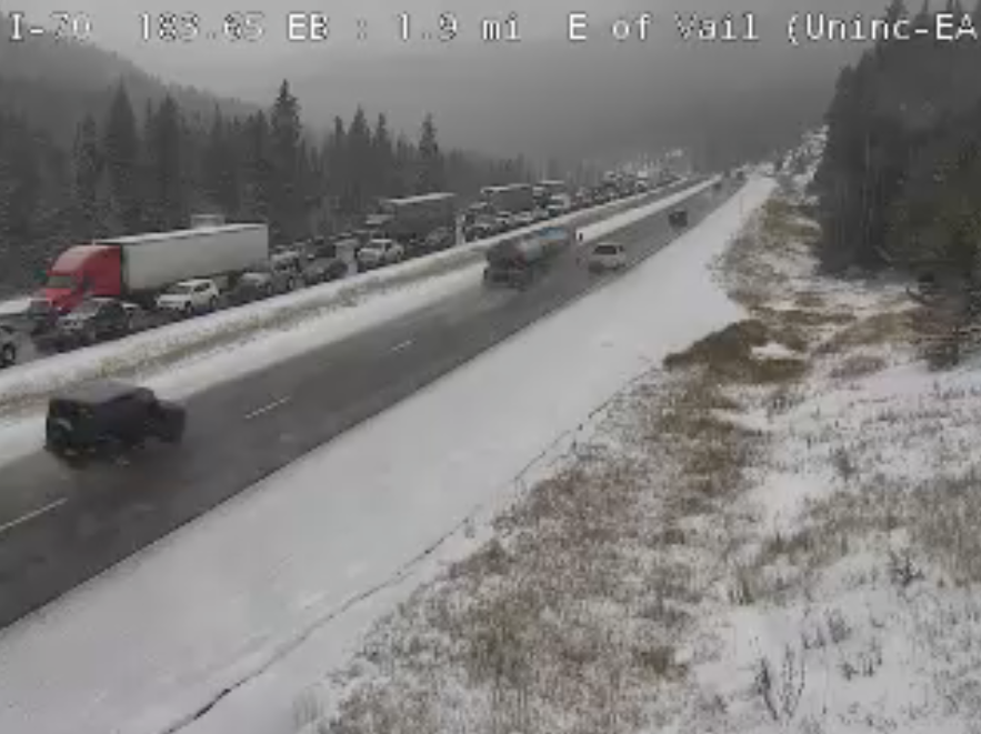 Traffic backed up in the area of Vail Pass on westbound lanes of I-70. Photo Credit: CDOT.