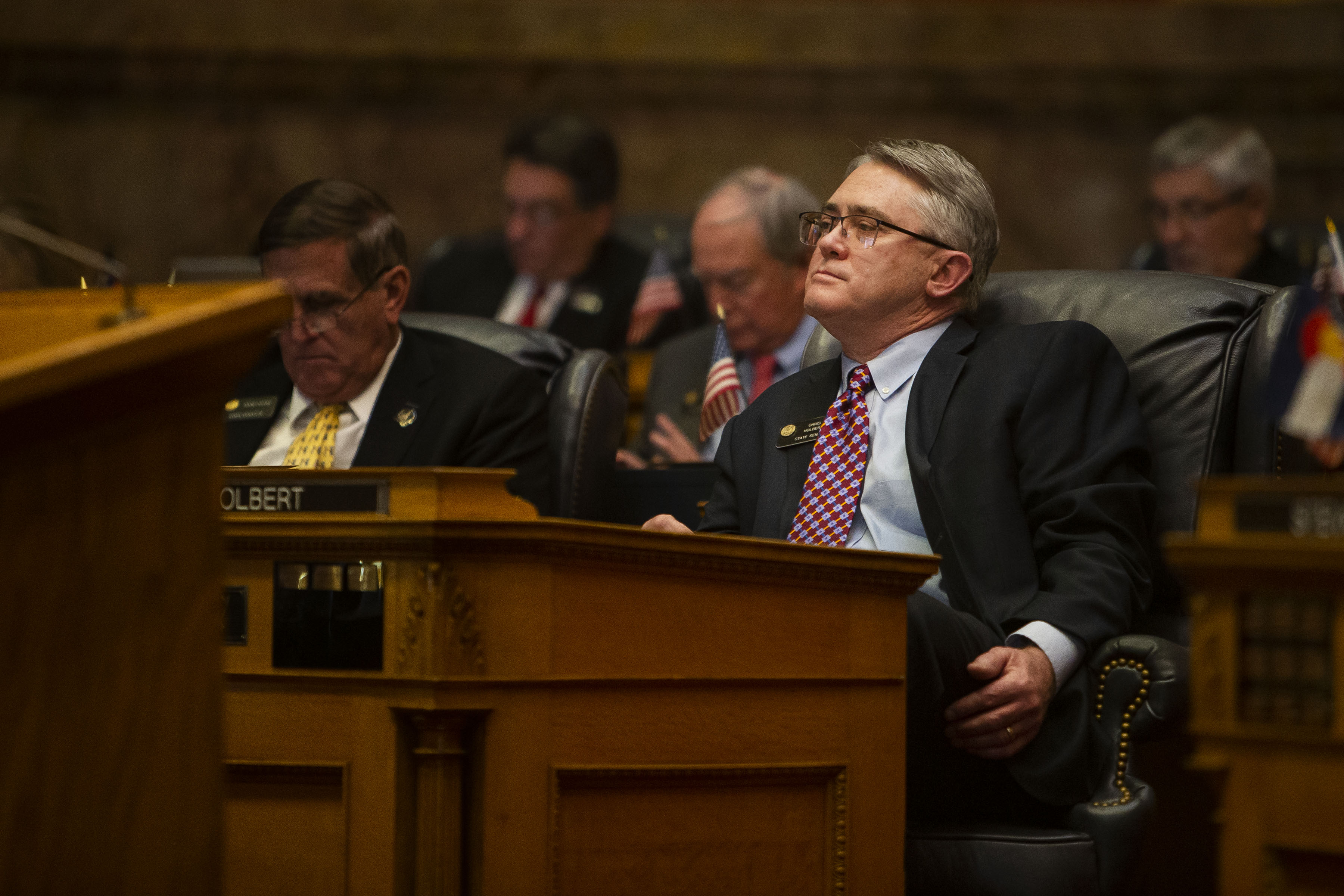 Colorado Senate minority leader Sen.Chris Holbert looks on during remarks during the first day of Colorado's 2022 session at the Colorado State Capitol Building on Wednesday, Jan. 12, 2022, in Denver, Colo. (Timothy Hurst/The Gazette) (Timothy Hurst)