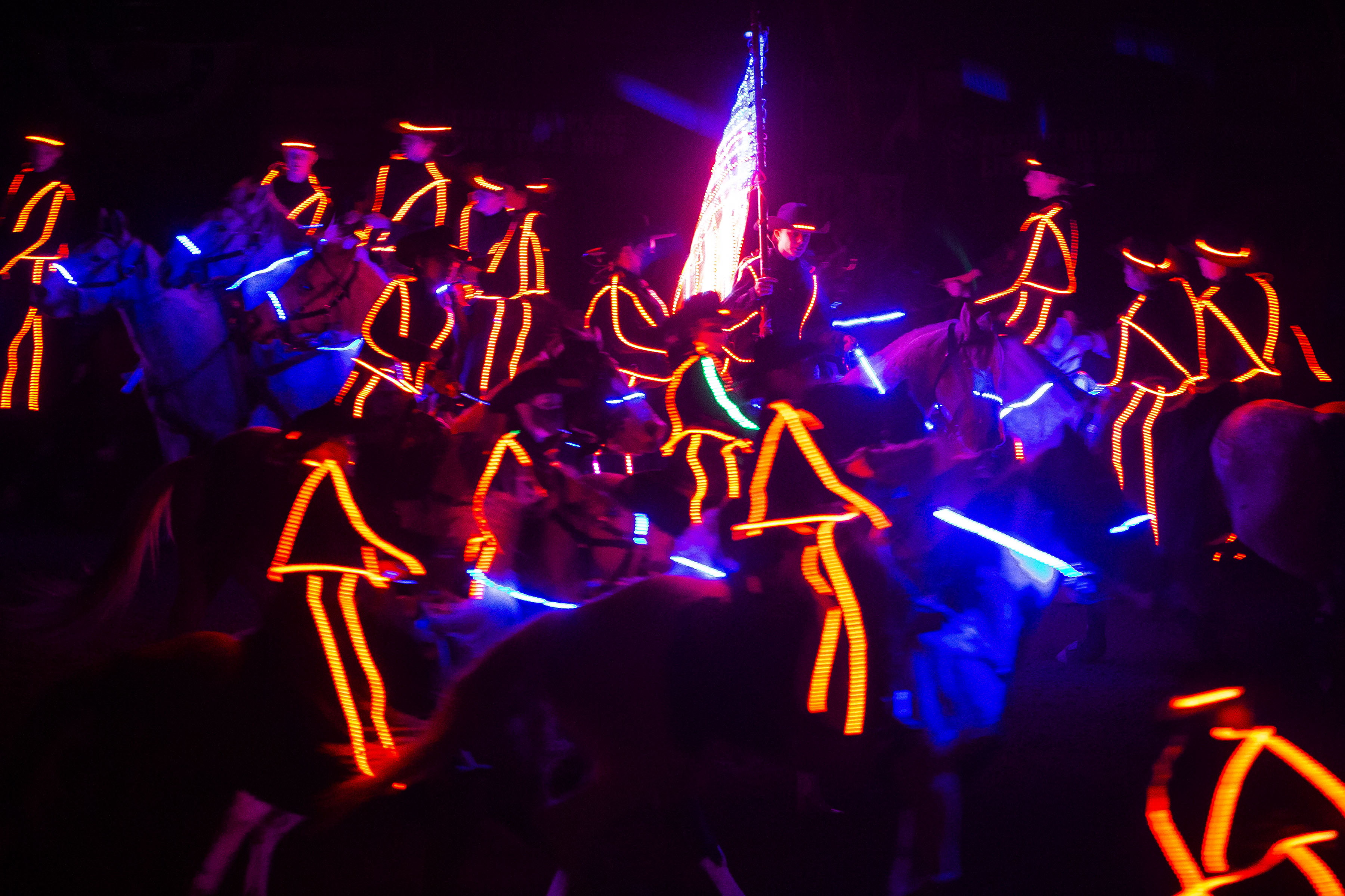 The Westernaires put on a light show during the African-American Heritage Rodeo at the National Western Stock Show on Monday, Jan. 17, 2022, in Denver, Colo. (Timothy Hurst/The Gazette) (Timothy Hurst)