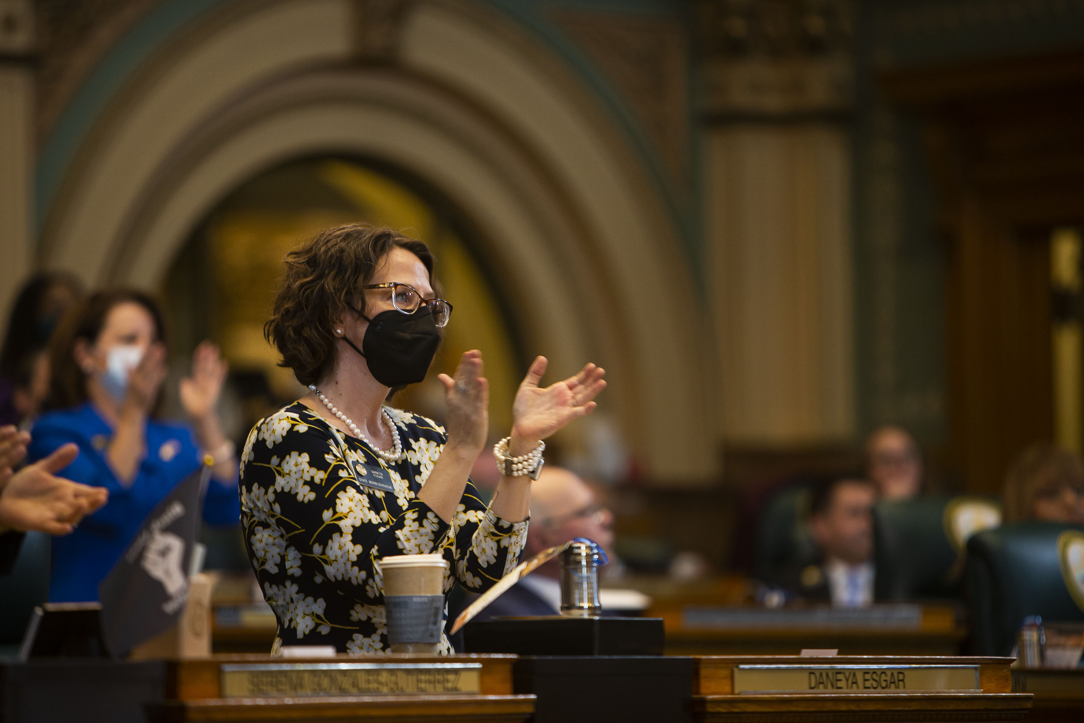 Rep. Daneya Esgar applauds during remarks from Speaker of the House Rep. Alec Garnett during the first day of Colorado's 2022 session at the Colorado State Capitol Building on Wednesday, Jan. 12, 2022, in Denver, Colo. (Timothy Hurst/The Gazette) (Timothy Hurst)