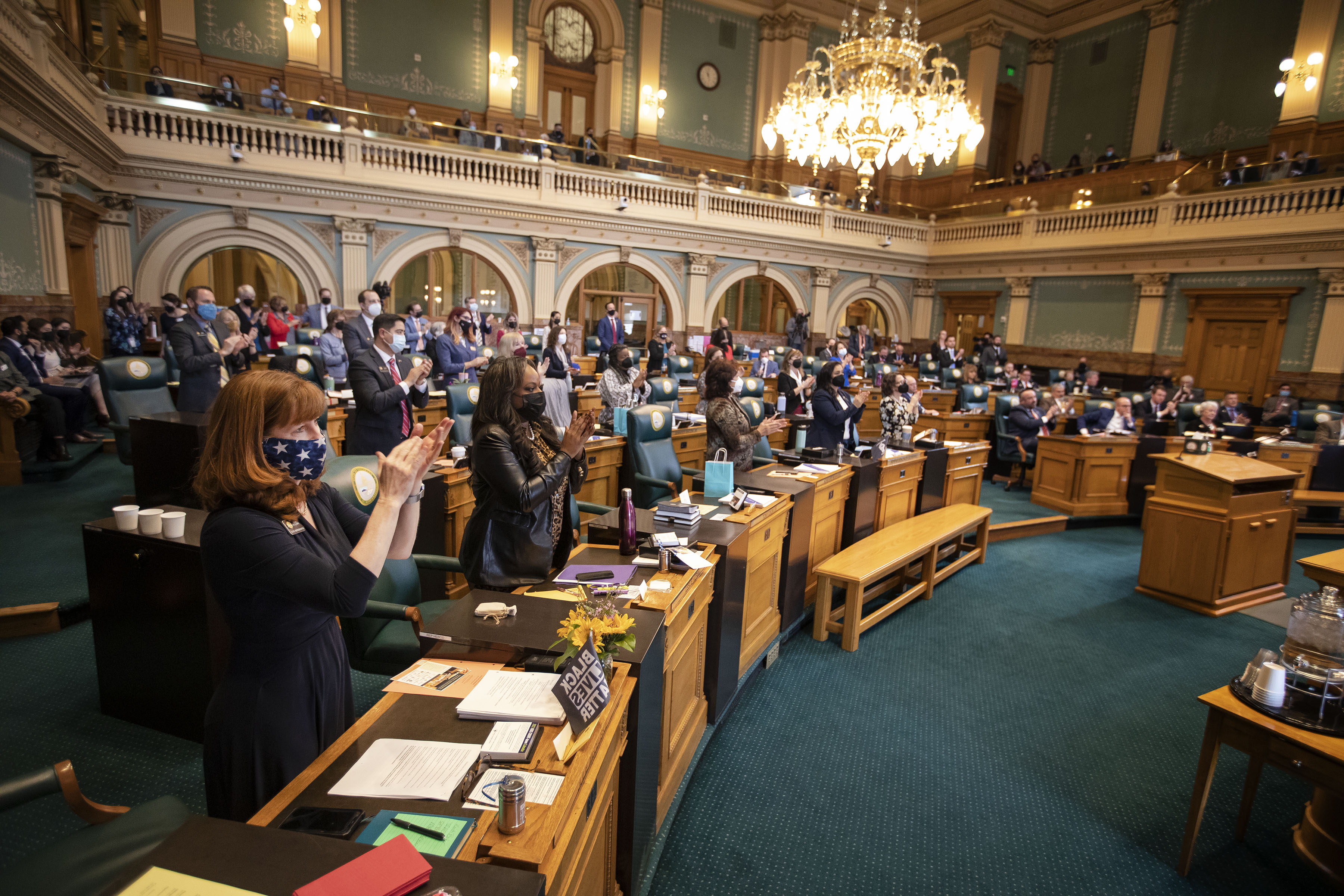 House Democrats applaud during remarks from Speaker of the House Rep. Alec Garnett during the first day of Colorado's 2022 session at the Colorado State Capitol Building on Wednesday, Jan. 12, 2022, in Denver, Colo. (Timothy Hurst/The Gazette) (Timothy Hurst)