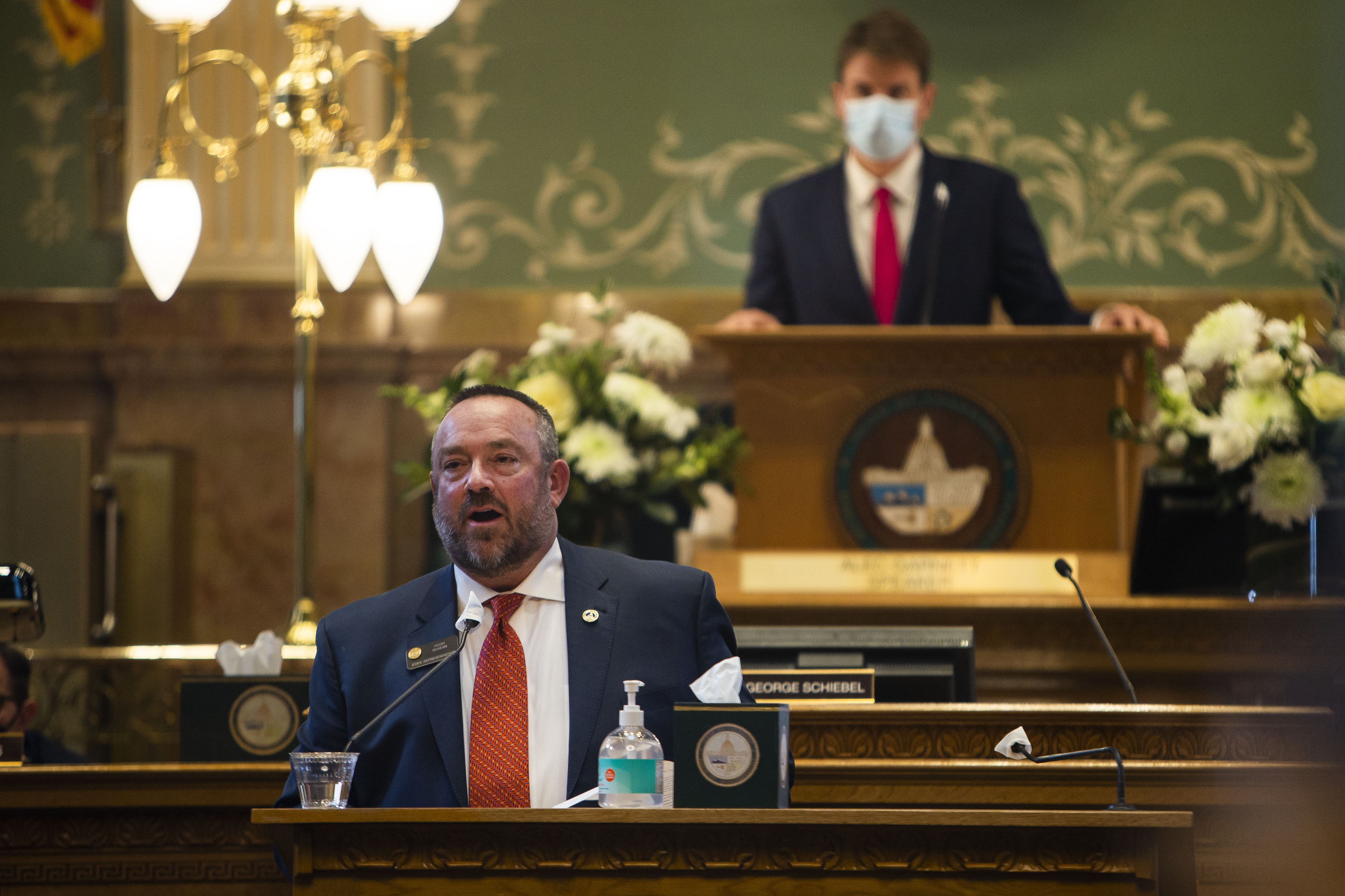 House minority leader Hugh McKean speaks during the first day of Colorado's 2022 session at the Colorado State Capitol Building on Wednesday, Jan. 12, 2022, in Denver, Colo. (Timothy Hurst/The Gazette) (Timothy Hurst)