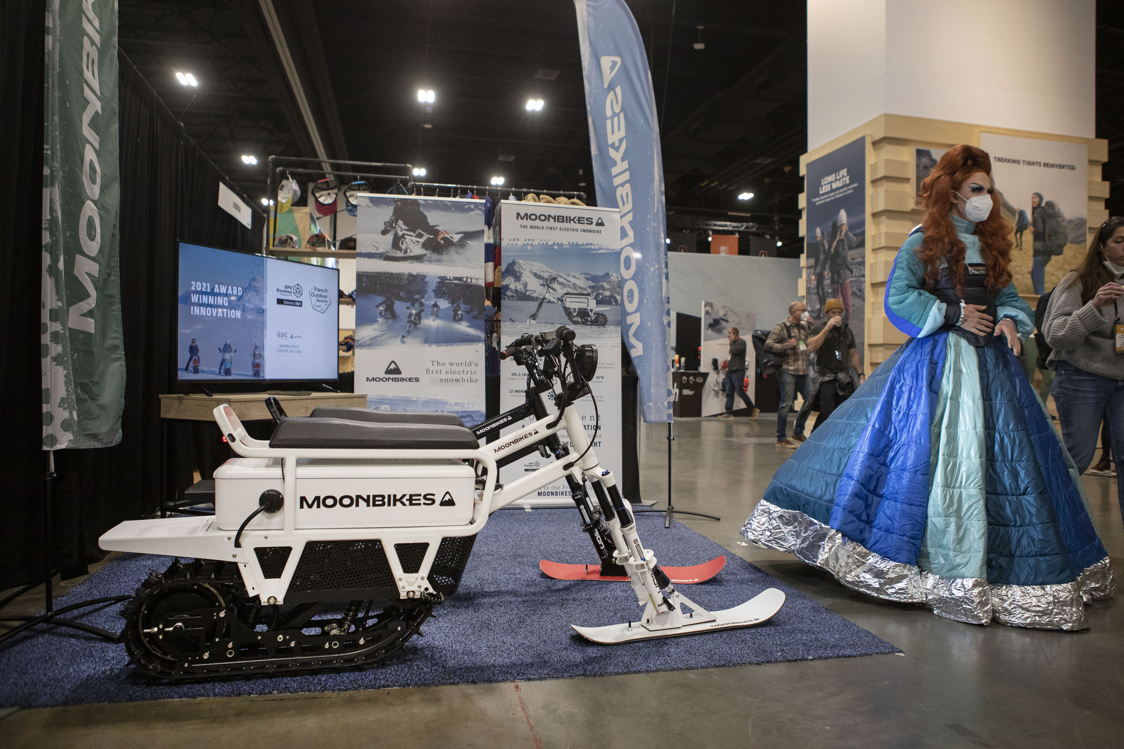 MoonBikes electric snow bikes display can be seen during the second day of the Outdoor Retailer Snow Show at the Colorado Convention Center on Thursday, Jan. 27, 2022, in Denver, Colo. (Timothy Hurst/The Gazette) (Timothy Hurst/The Denver Gazette)