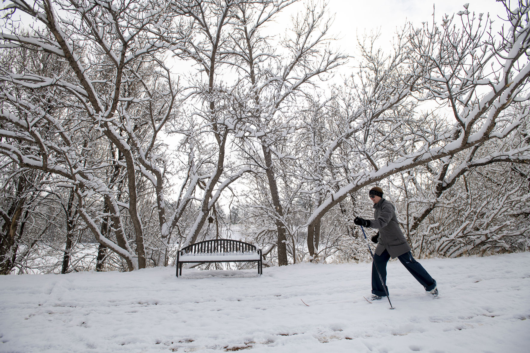 Inger Bull cross-country skis at Monument Valley Park in Colorado Springs on April 3, 2020. (Chancey Bush, The Gazette)