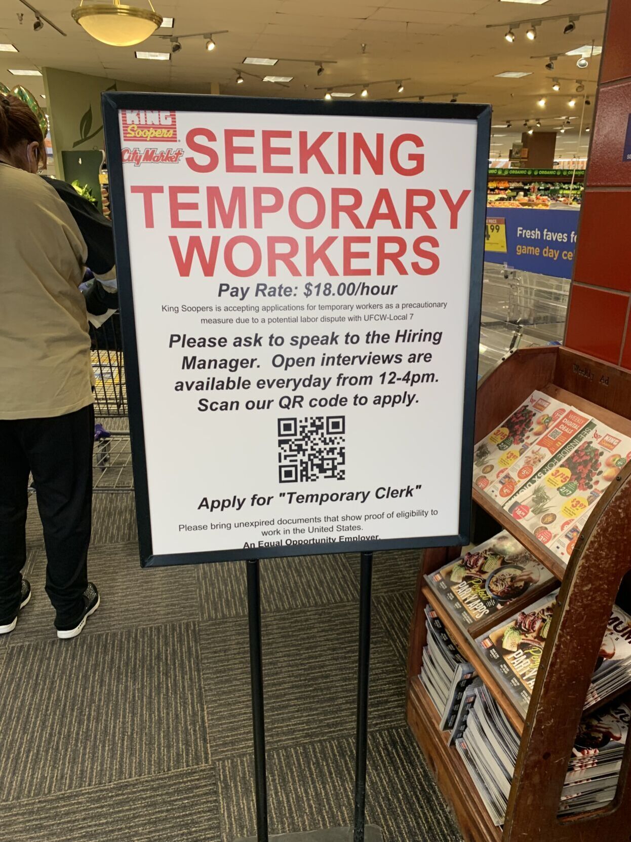 Signs calling for temporary workers (at $18/hour) are appearing in front of all metro Denver King Soopers store Tuesday as they are bracing for a strike of United Food and Commercial Workers Local 7 union workers Wednesday morning. About 8,700 workers at 78 Denver metro area stores are scheduled to strike. (By Dennis Huspeni/The Denver Gazette)