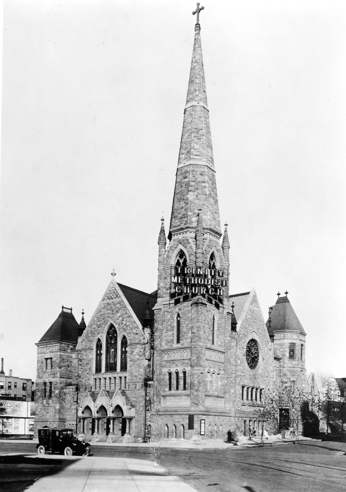 When completed at 18th and Broadway in Denver, the tall steeple of Trinity Methodist Church could be seen for miles. (Courtesy of Denver Public Library)