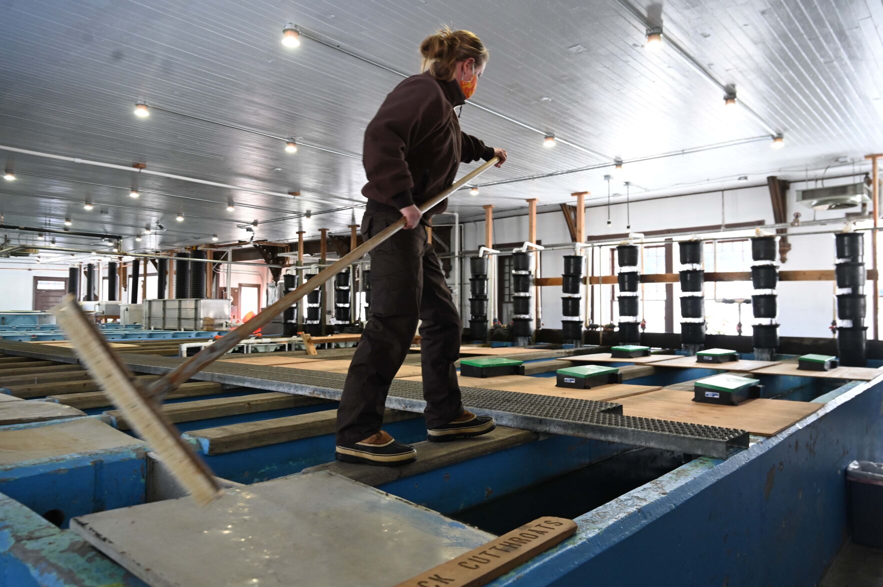 Biologist Paige Moran cleans the tanks at the Leadville Fish Hatchery on Thursday, Jan. 6, 2022. For 130 years, the Leadville Fish Hatchery has been raising fish and stocking lakes and ponds. (Photo by Jerilee Bennett, The Gazette) (Jerilee Bennett)