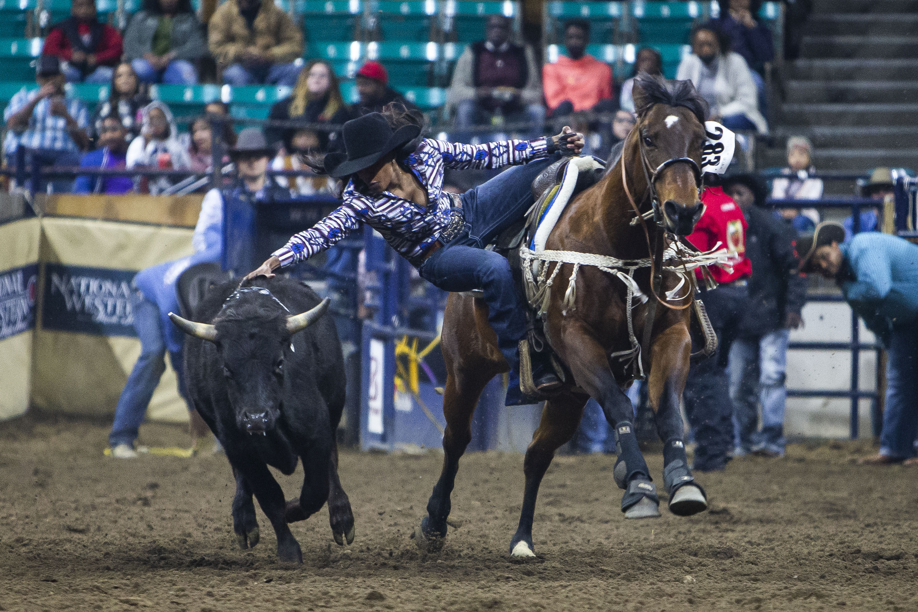 Jhani Hardin of Tulsa, Okla. stretches out to grab the ribbon off her calf during ladies steer undecorating competition at the African-American Heritage Rodeo at the National Western Stock Show on Monday, Jan. 17, 2022, in Denver, Colo. Hardin would hit the dirt hard after the attempt and was carried out of the arena on a stretcher. (Timothy Hurst/The Gazette) (Timothy Hurst)