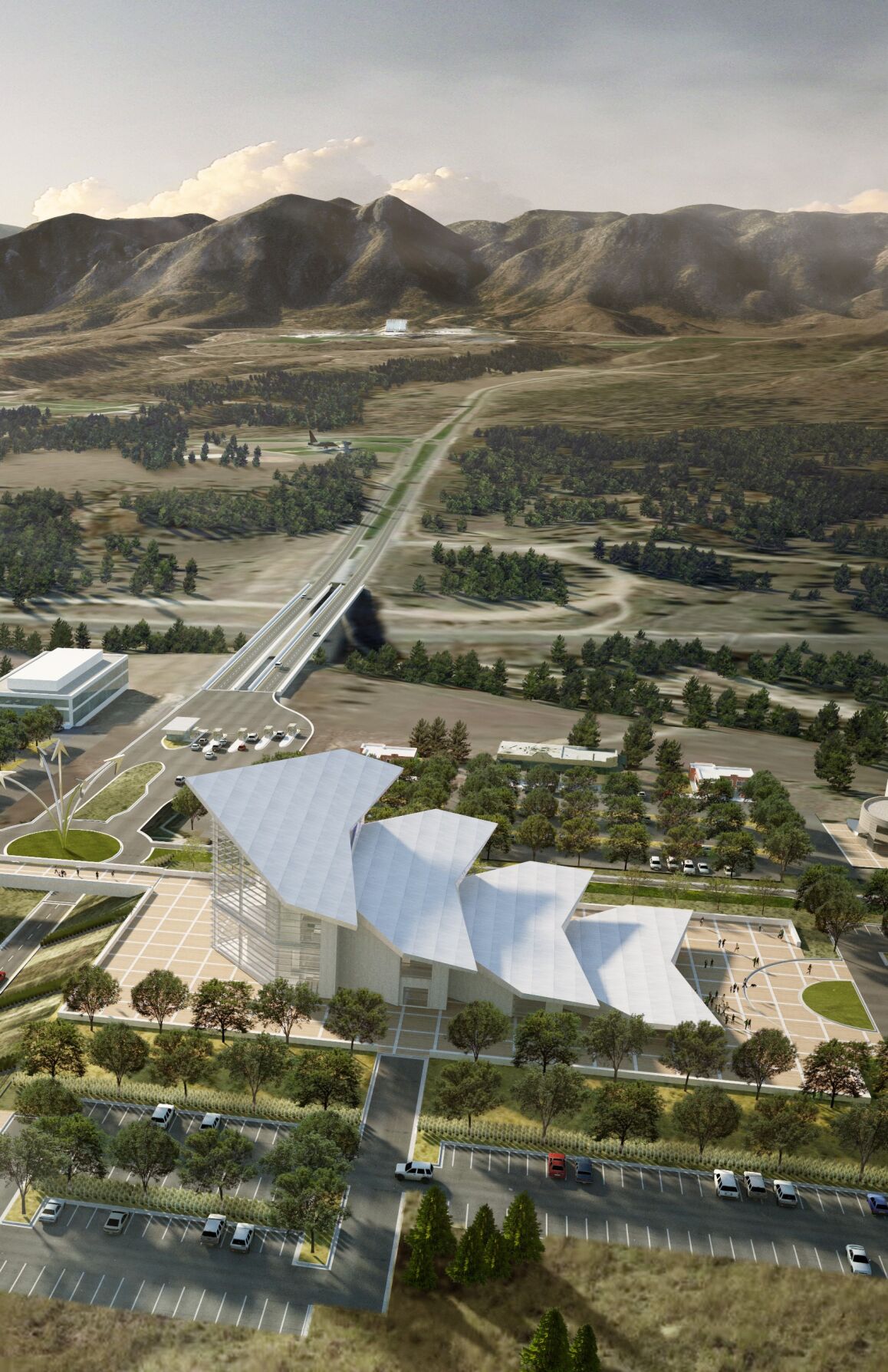 An architect's rendering of the proposed Visitor Center planned on a site just east of the Air Force Academy's north gate. Construction is expected to begin on the center by mid-2022 and be completed in early 2024. (Courtesy of Colorado Springs Office of Economic Development)