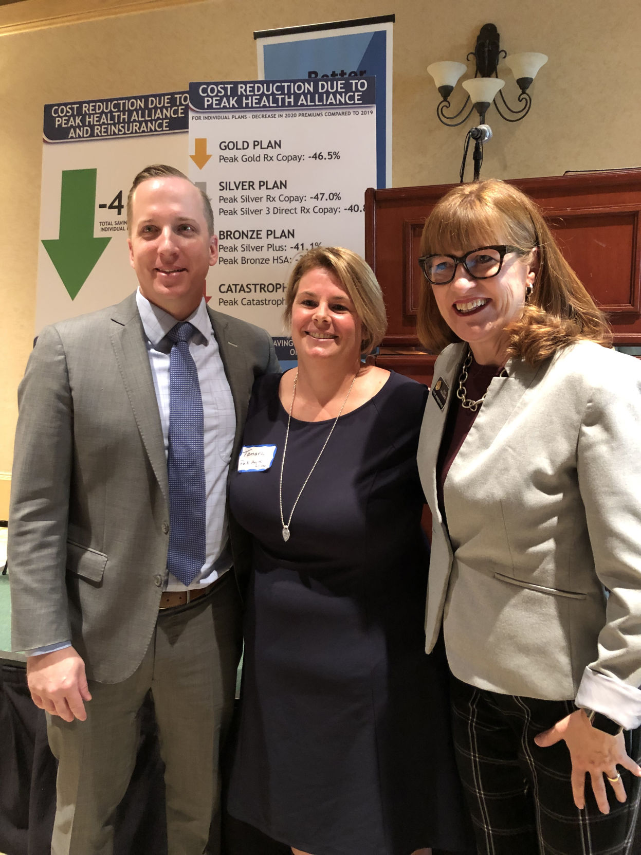 Colorado Insurance Commissioner Mike Conway; Tamara Pogue Drangstveit, CEO of Peak Health Alliance; and Rep. Julie McCluskie, D-Dillon, at an event in Keystone on Sept. 9 with Gov. Jared Polis celebrating Summit County's insurance successes. (Courtesy Rep. Julie McCluskie)