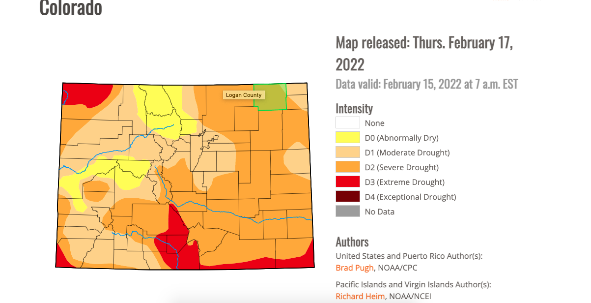 Colorado's current drought conditions, as of Feb. 15, 2022. Courtesy US Drought Monitor.