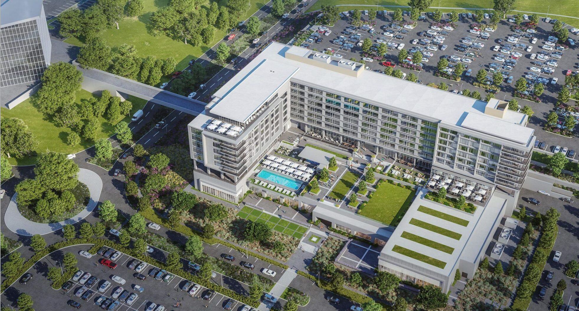 An architect's rendering of the proposed 375-room hotel planned on a site just east of the Air Force Academy's north gate. Construction is expected to begin on the hotel by mid-2022 and be completed in early 2024. (Courtesy of Colorado Springs Office of Economic Development)