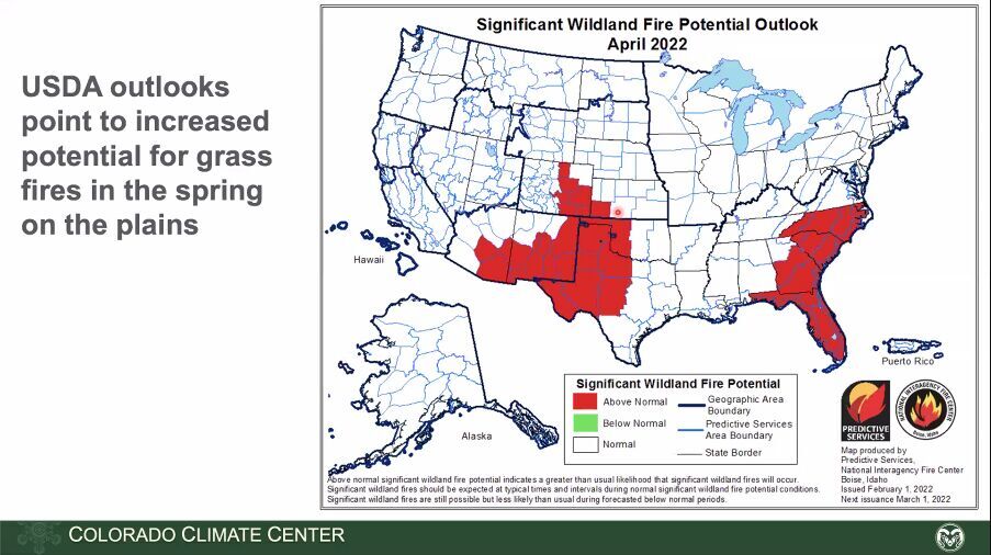 Spring wildfire risk, courtesy US Department of Agriculture.
