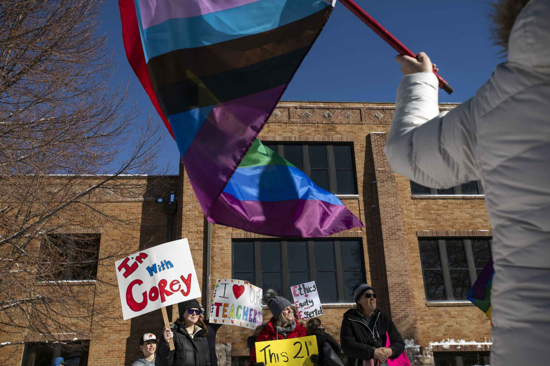 Hundreds of people gather outside the Douglas County School District headquarters in protest of the school board majority’s alleged secret meeting about forcing out superintendent Corey Wise, in Castle Rock, Colo., on Thursday, Feb. 3, 2022. The “Collaborative Action