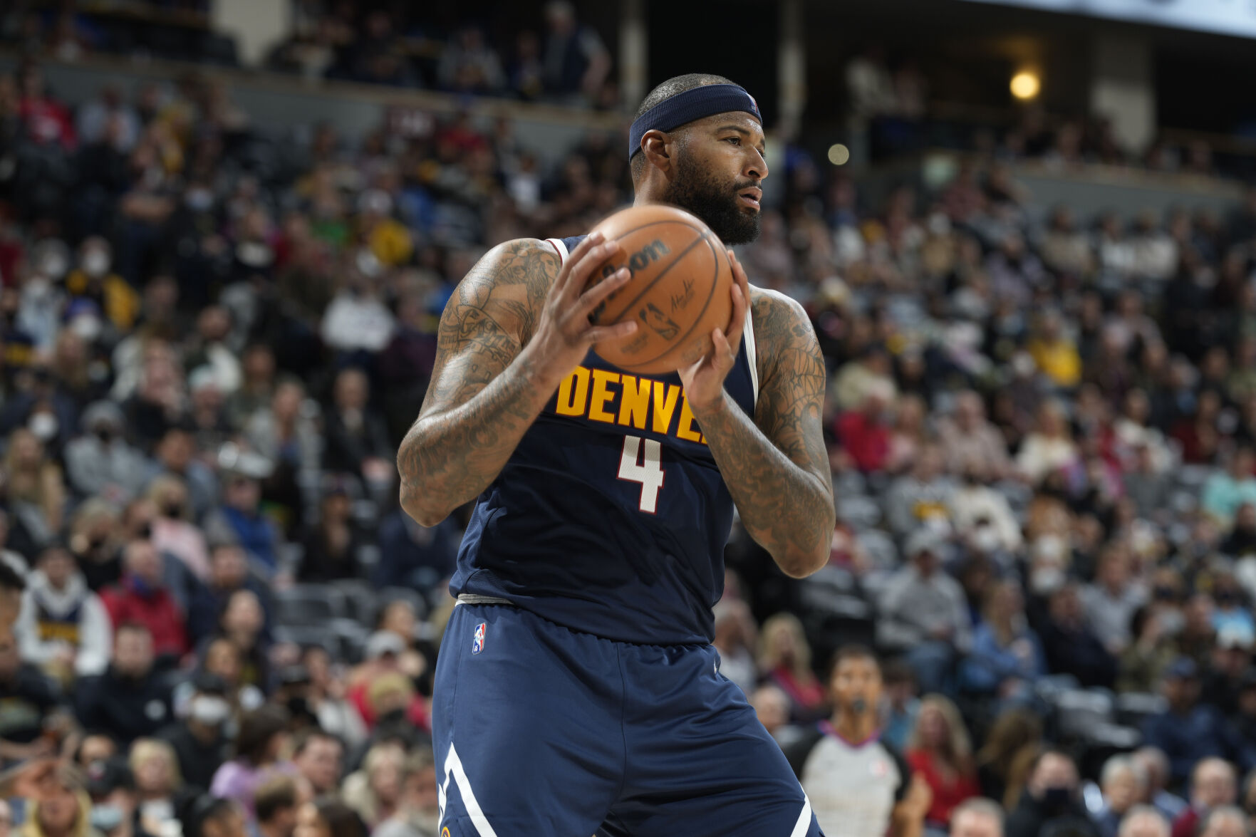 Denver Nuggets center DeMarcus Cousins (4) in the second half of an NBA basketball game Monday, Feb. 14, 2022, in Denver. The Nuggets won 121-111. (AP Photo/David Zalubowski) (David Zalubowski)