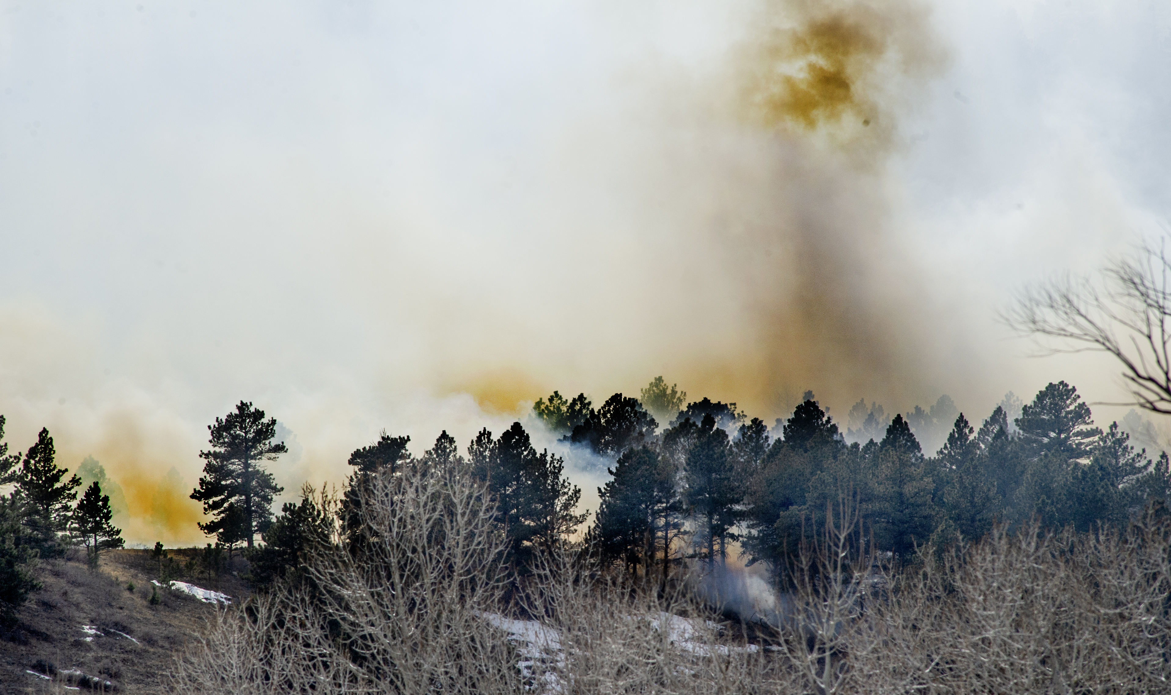 Smoke from the NCAR Fire obscures the foothills on March 26, 2022, in Boulder, Colo. (Jacob Byk/For The Denver Gazette)