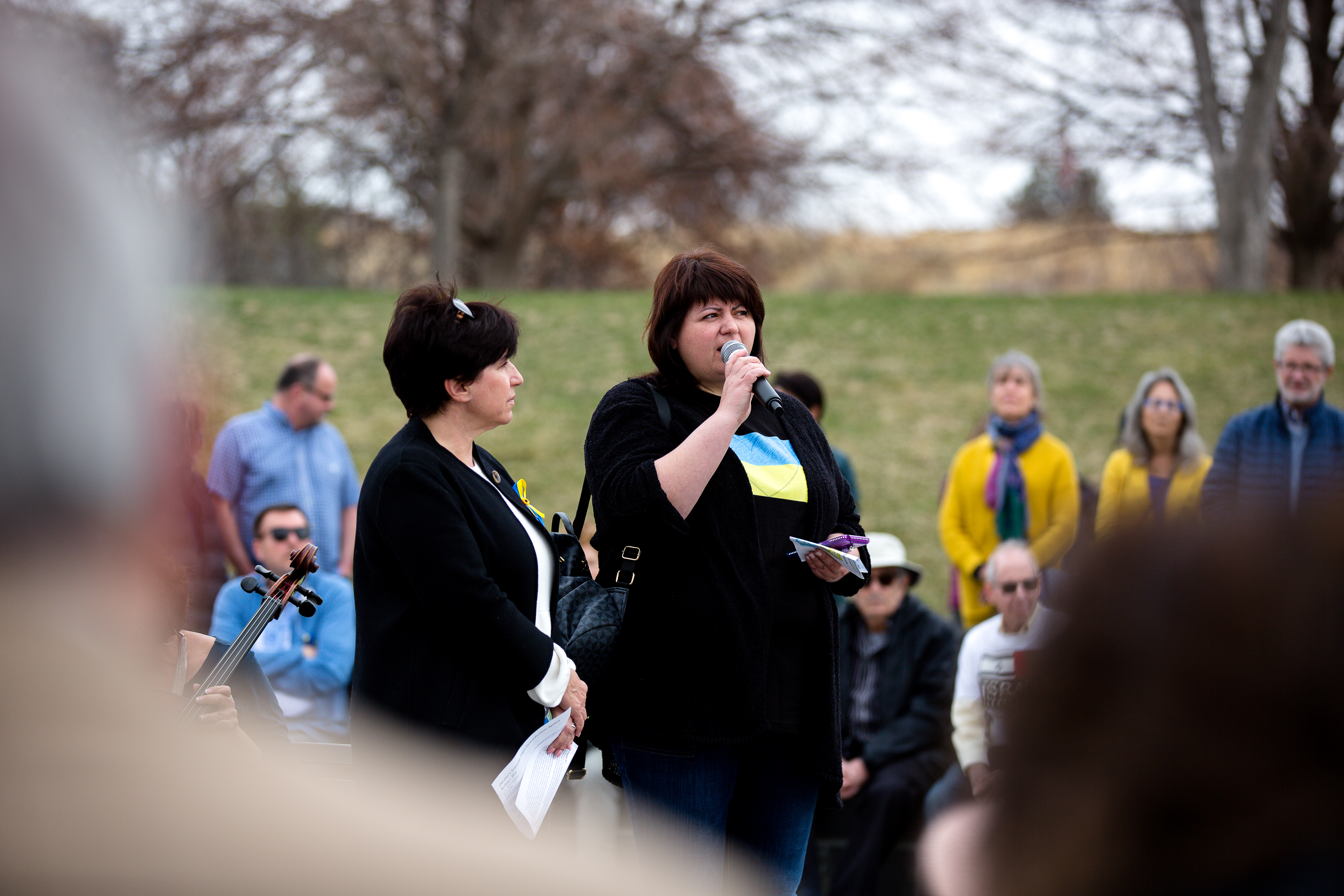Marina Dubrova, left, and Irina Shatalov, founders of Ukrainians of Colorado, speak about the war in Ukraine and ask for donations and medical supplies to send back to those in need. March 27. ((Sara Hertwig/for The Denver Gazette))