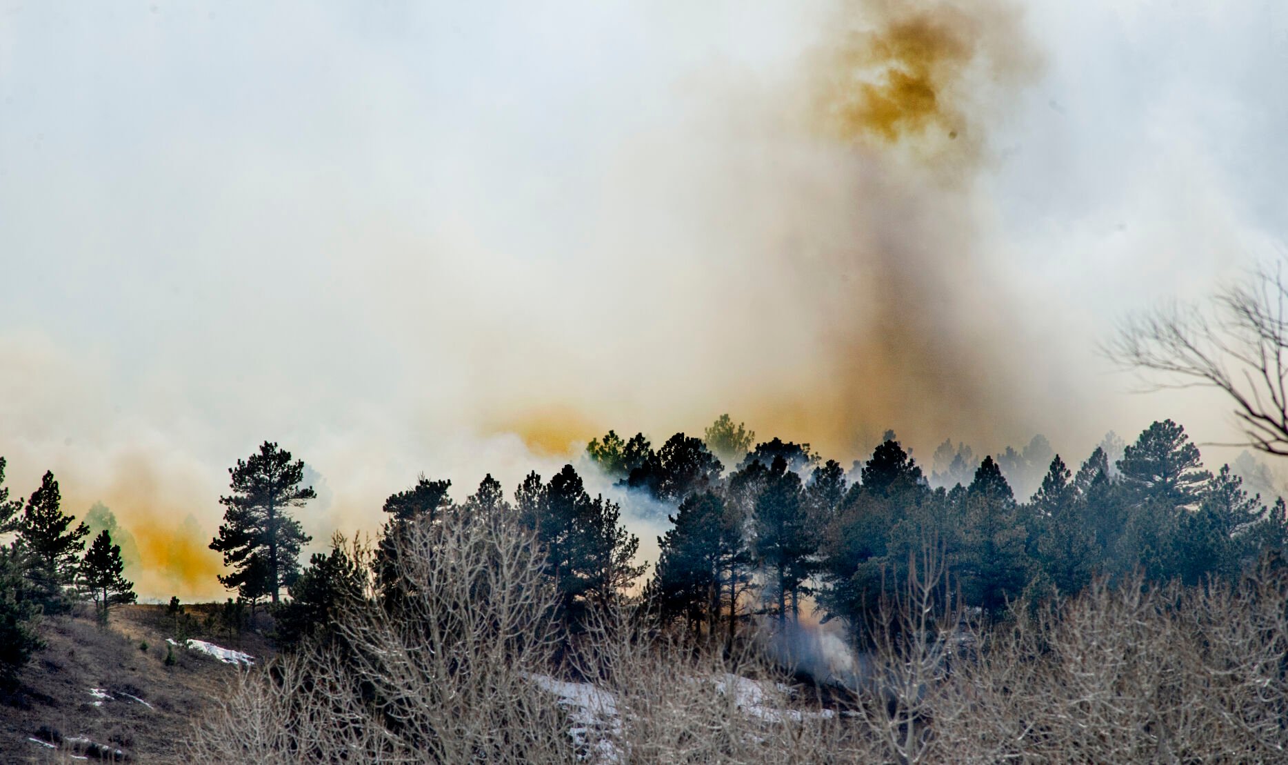 Smoke from the NCAR Fire obscures the foothills on March 26, 2022, in Boulder, Colo. (Jacob Byk/For The Denver Gazette)