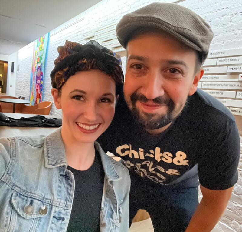 Lin-Manuel Miranda visits Jenna Bainbridge backstage at 'Suffs.' (Photo courtesy Jenna Bainbridge.)