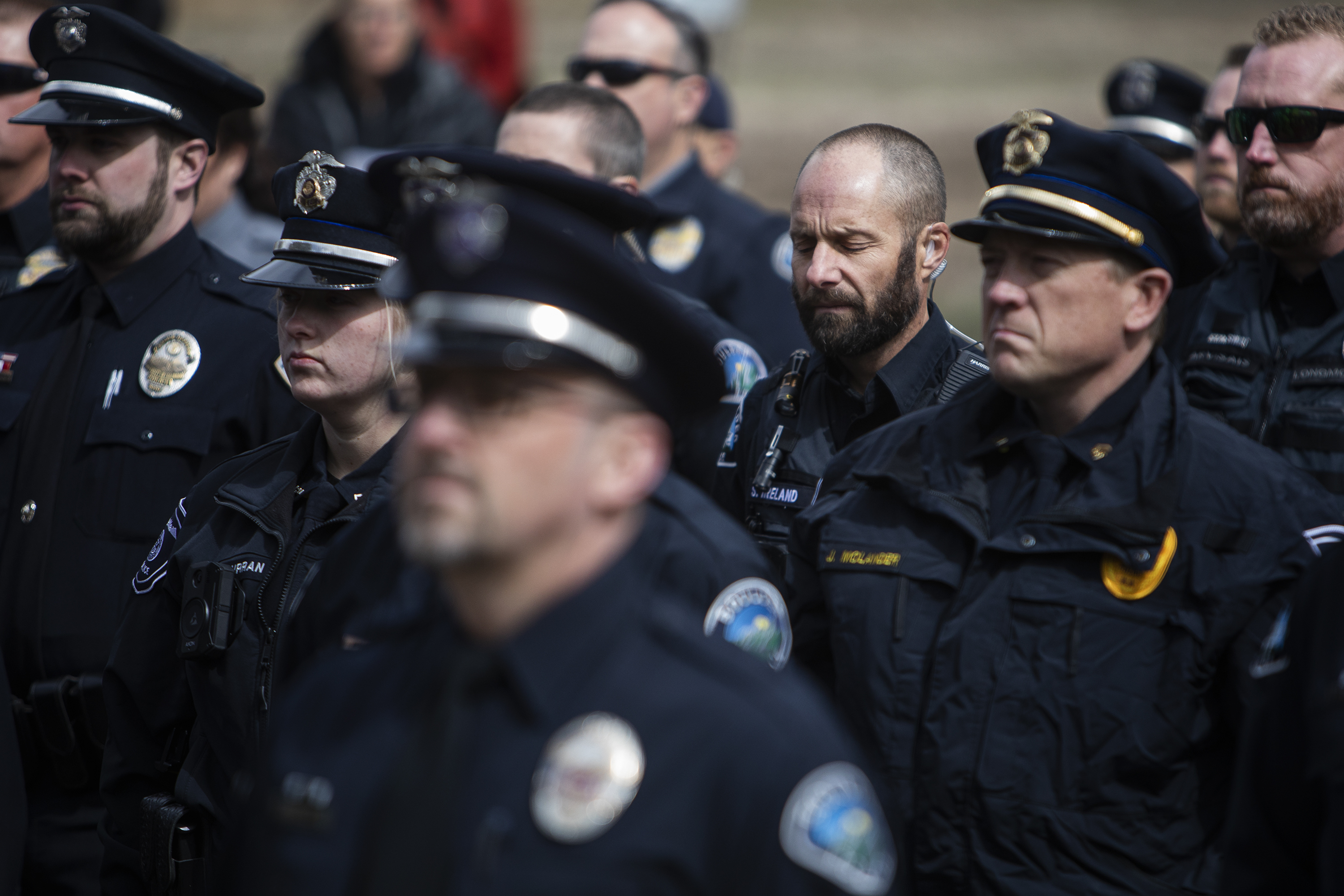Area police officers look on during a Line of Duty Death commemoration for officer Eric Talley at the Boulder Police Department on Tuesday, March 22, 2022, in Boulder, Colo. (Timothy Hurst/The Denver Gazette) (Timothy Hurst)