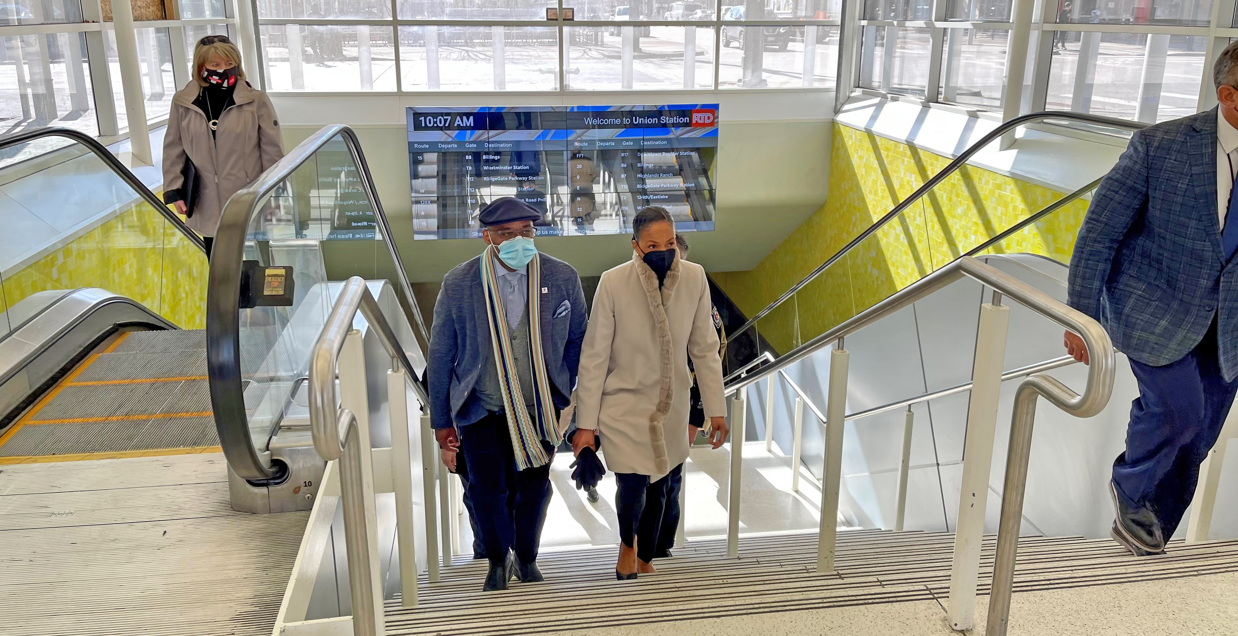 Denver Mayor Michael Hancock and Regional Transportation District CEO and General Manager Debra Johnson went on a walking tour of Union Station bus terminal on the morning of March 30, 2022. (Courtesy of the Regional Transportation District)