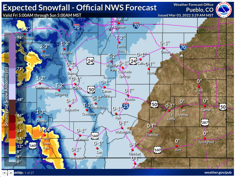 The map basically the snow forecast for the first of three disturbances. Photo Credit: National Weather Service.
