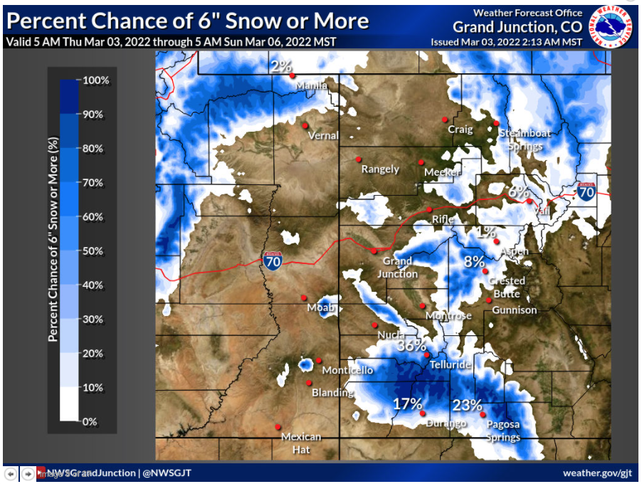 This map shows the percent chance that an area will get hit with six inches of snow or more. Map Credit: National Weather Service.