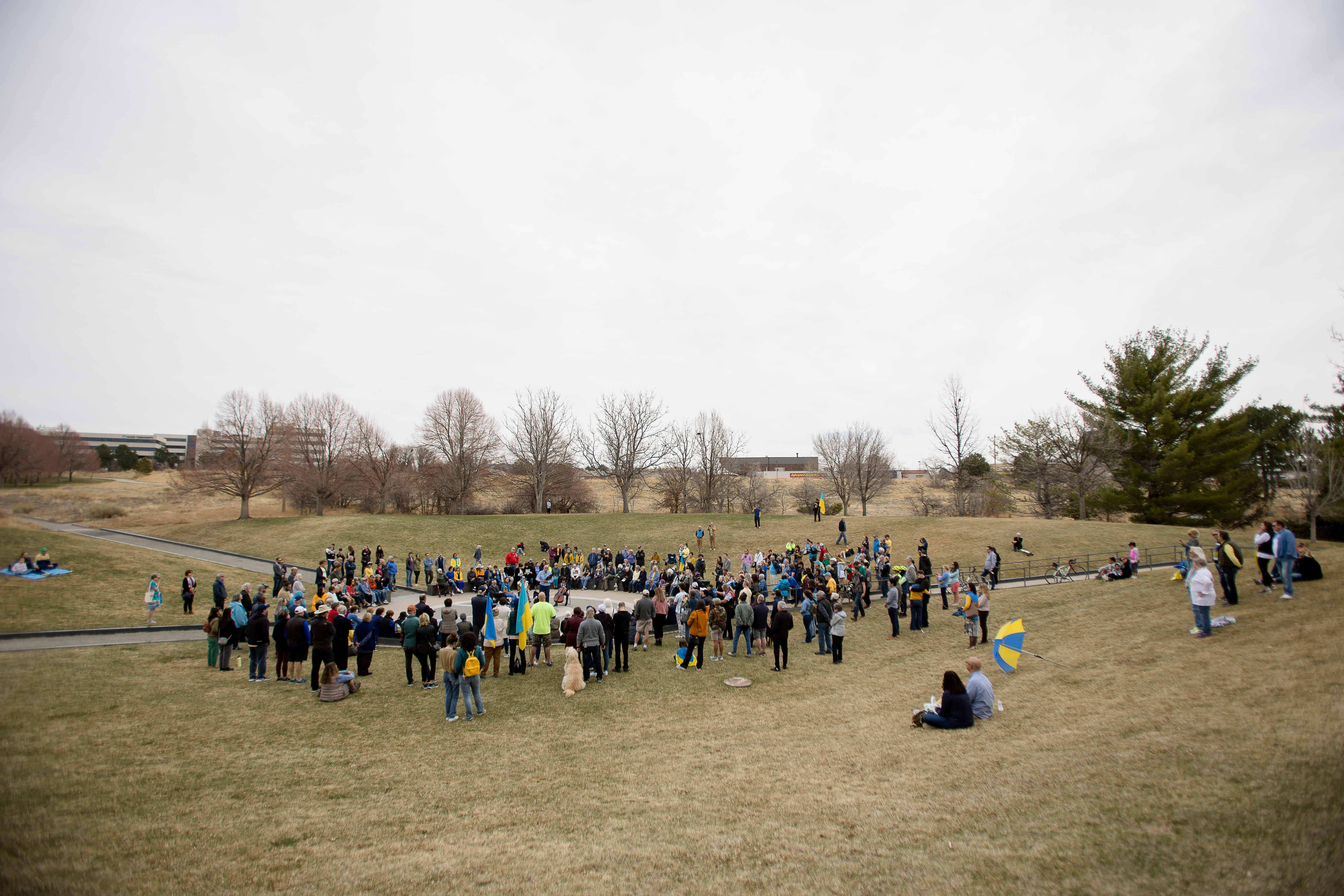 People gathered at Babi Yar Park Sunday following a plea from President Zelensky imploring people around the world to take to the streets, raise their voices and show support for Ukraine. March 27. ((Sara Hertwig/for The Denver Gazette))