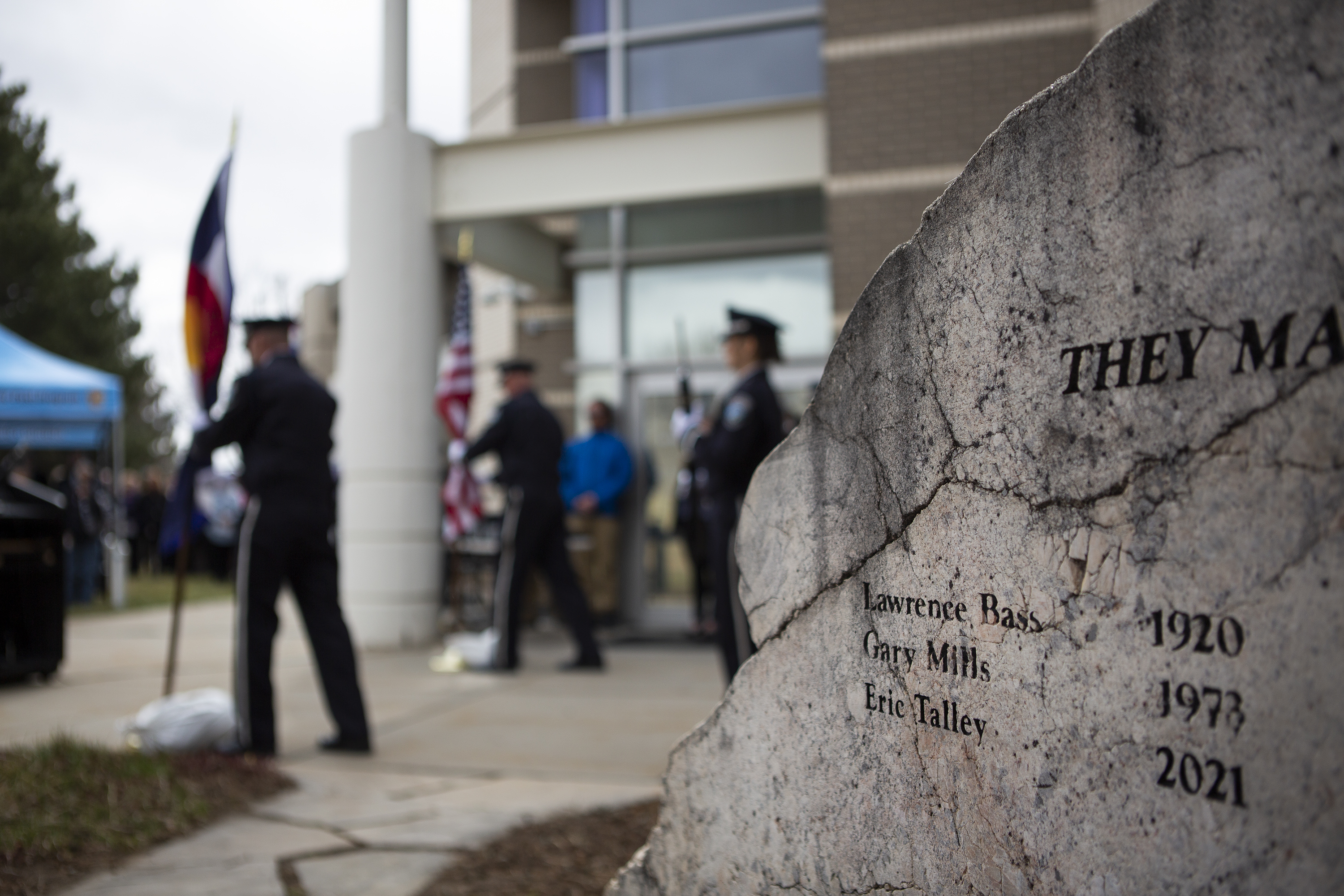 Honor guards place the flags in their stands during a Line of Duty Death commemoration for officer Eric Talley at the Boulder Police Department on Tuesday, March 22, 2022, in Boulder, Colo. (Timothy Hurst/The Denver Gazette) (Timothy Hurst)