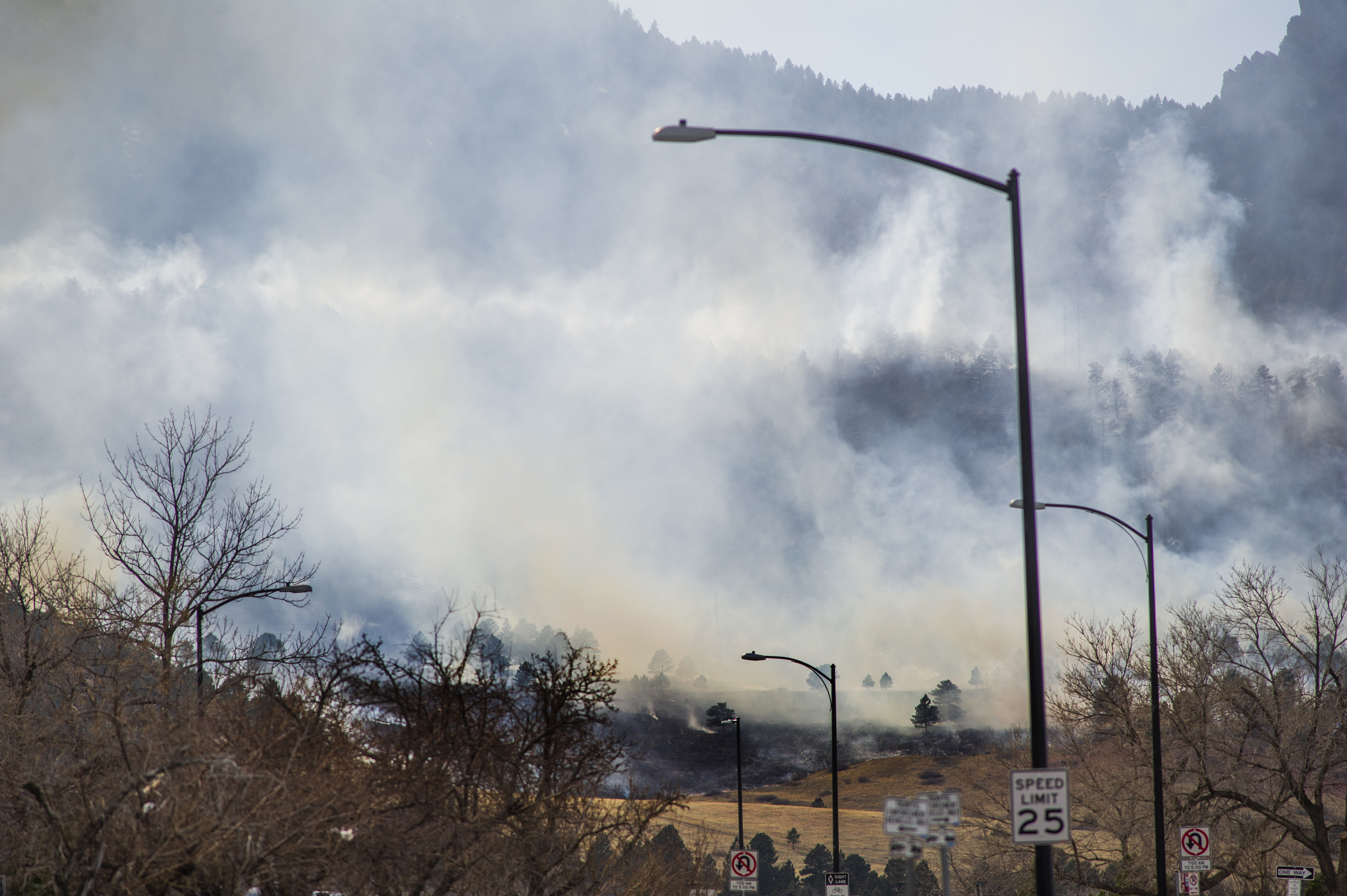 Smoke from the NCAR Fire obscures the foothills on March 26, 2022, in Boulder, Colo. (Jacob Byk/For The Denver Gazette)