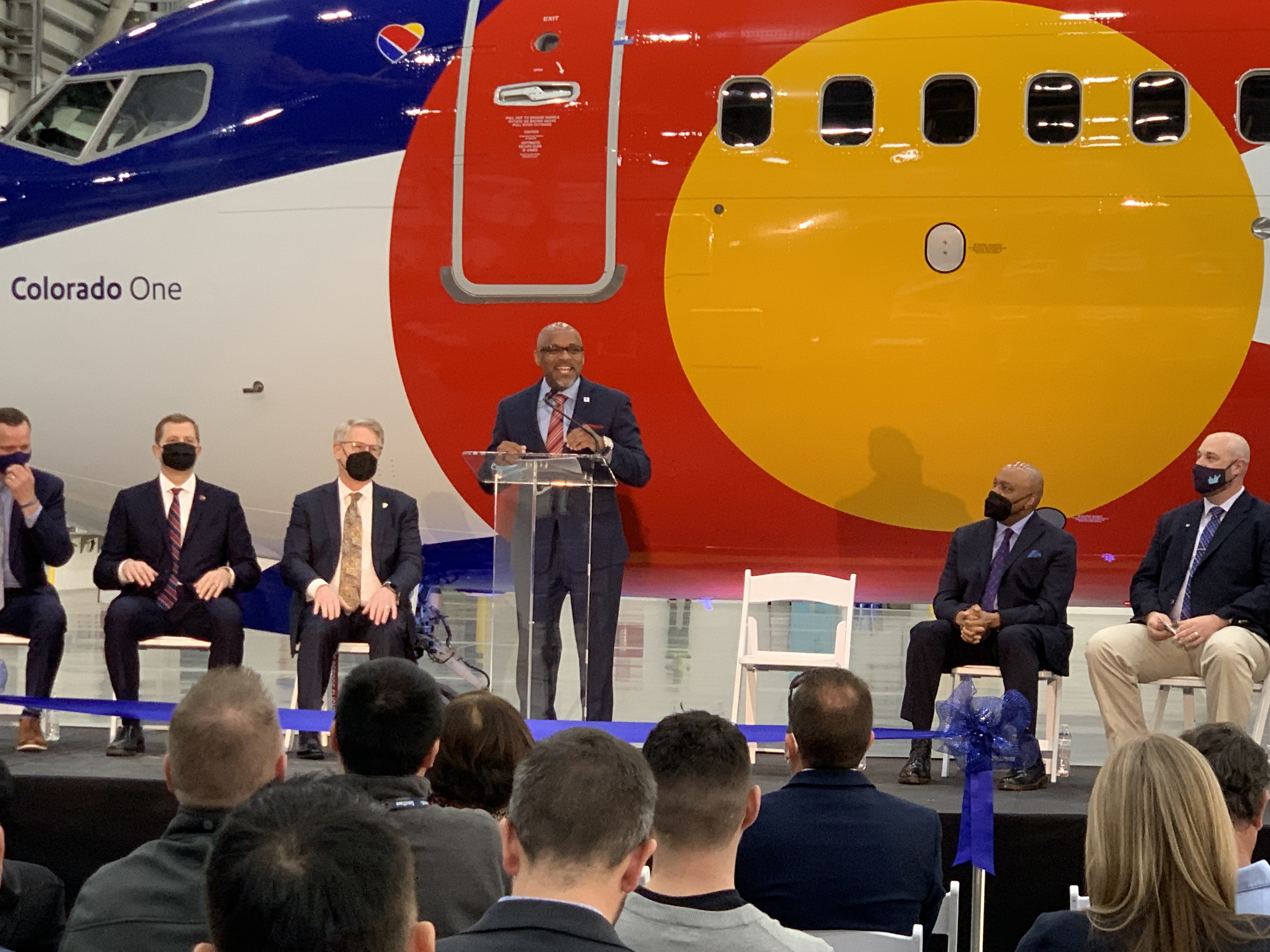 Denver Mayor Michael B. Hancock speaks at the ribbon cutting ceremony Thursday for Southwest Airlines new hangar at Denver International Airport. (Dennis Huspeni/The Denver Gazette)