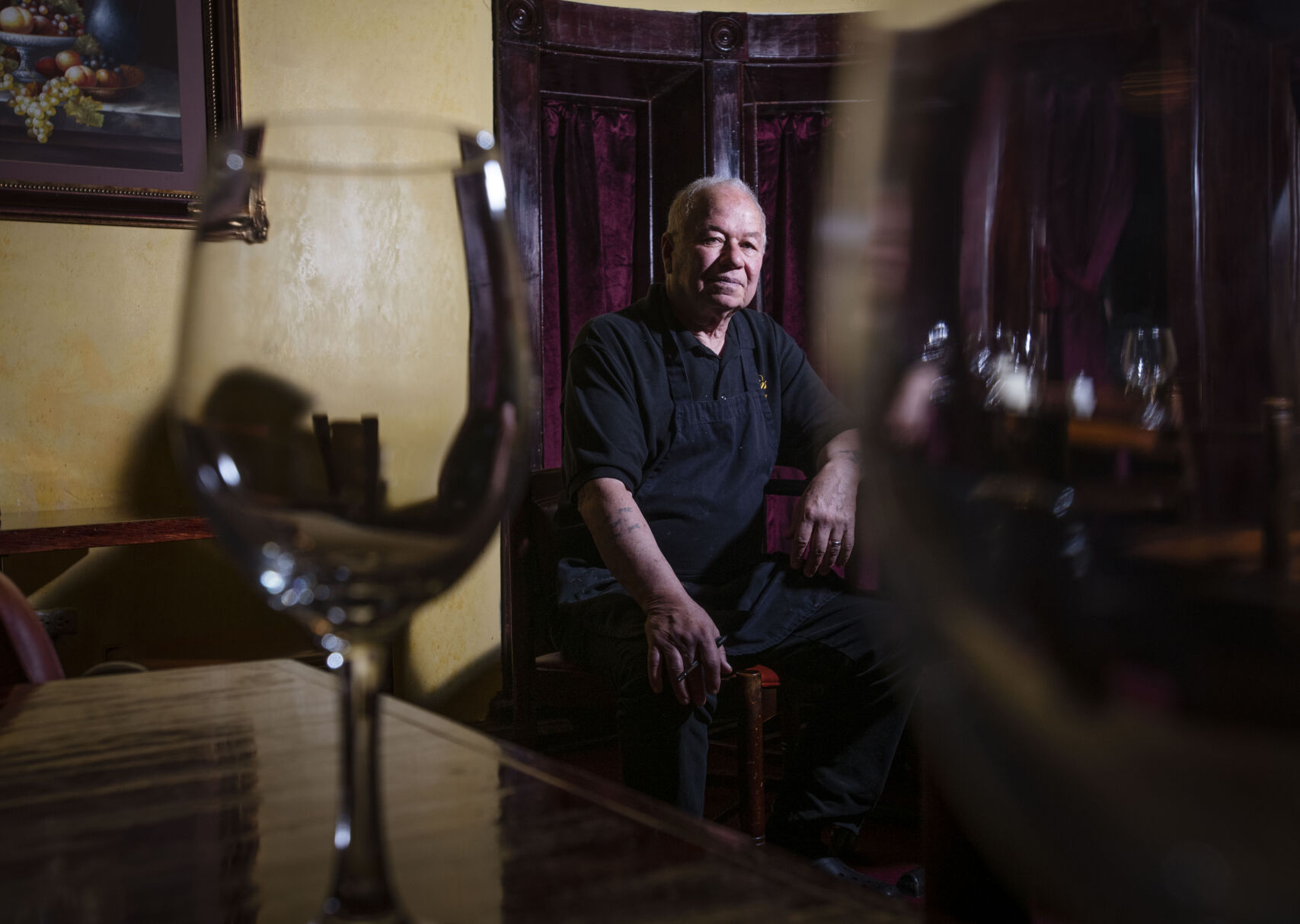 Frank Cordova, 78, owner of Rino’s Italian Restaurant and Steakhouse, poses for a portrait at his restaurant in Trinidad. Rino’s is named after Cordova’s mother, who captivated him and his siblings by singing at the piano. (Chancey Bush, The Gazette)