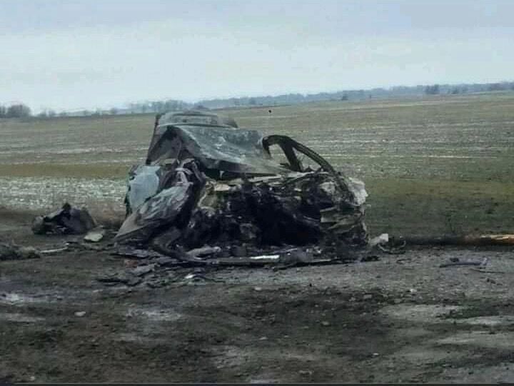 This is what's left of Serhiy Salivon's car after it was hit by a tank missile near Kyiv Tuesday. Salivon, 33, was killed according to his best friend Adrii Panchenko, who now lives in Denver. Salivon was with his niece and her husband, who also died in the explosion (Adrii Panchenko)