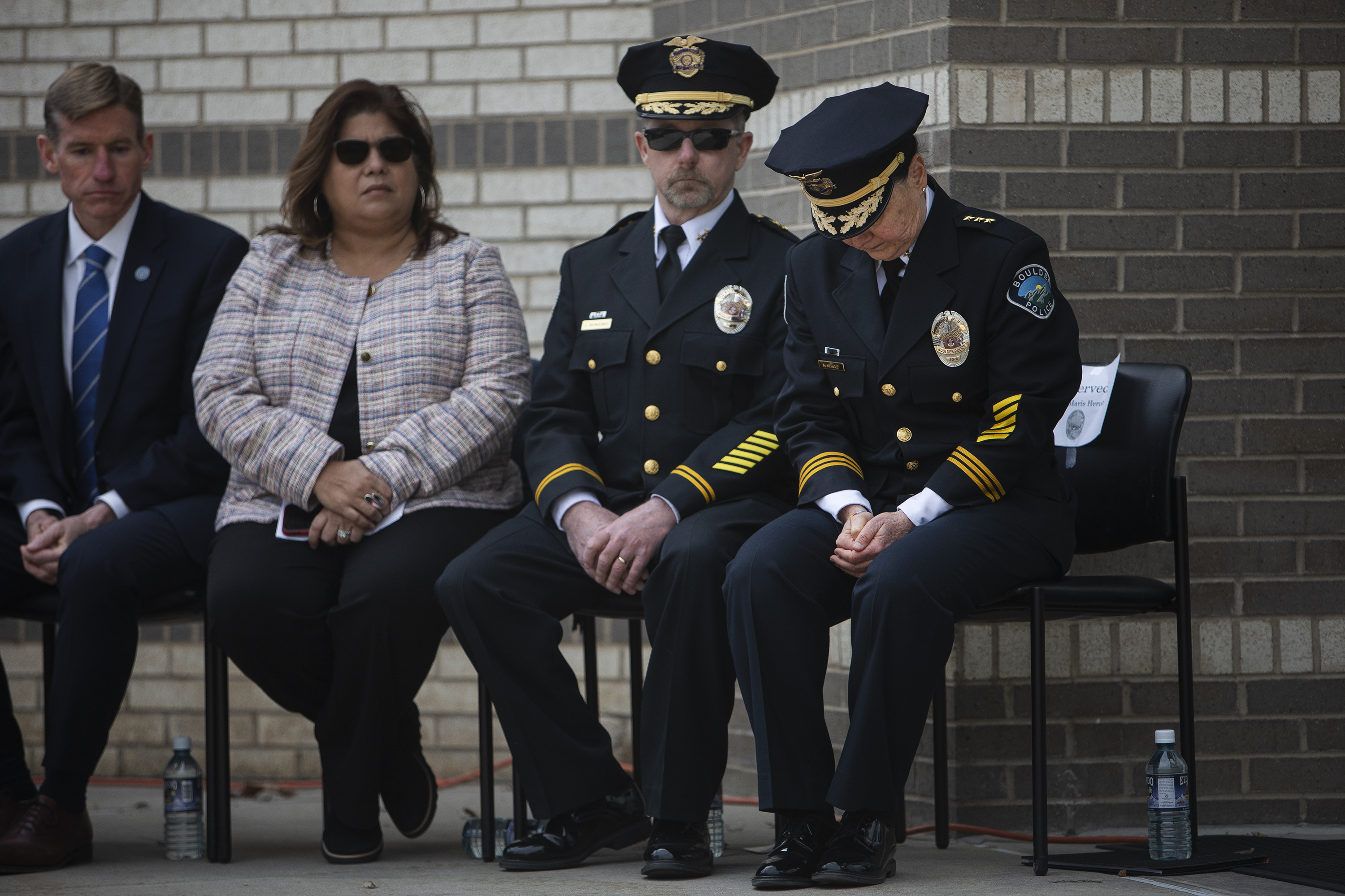 Boulder Police chief Maris Herold looks down during a Line of Duty Death commemoration for officer Eric Talley at the Boulder Police Department on Tuesday, March 22, 2022, in Boulder, Colo. (Timothy Hurst/The Denver Gazette) (Timothy Hurst)