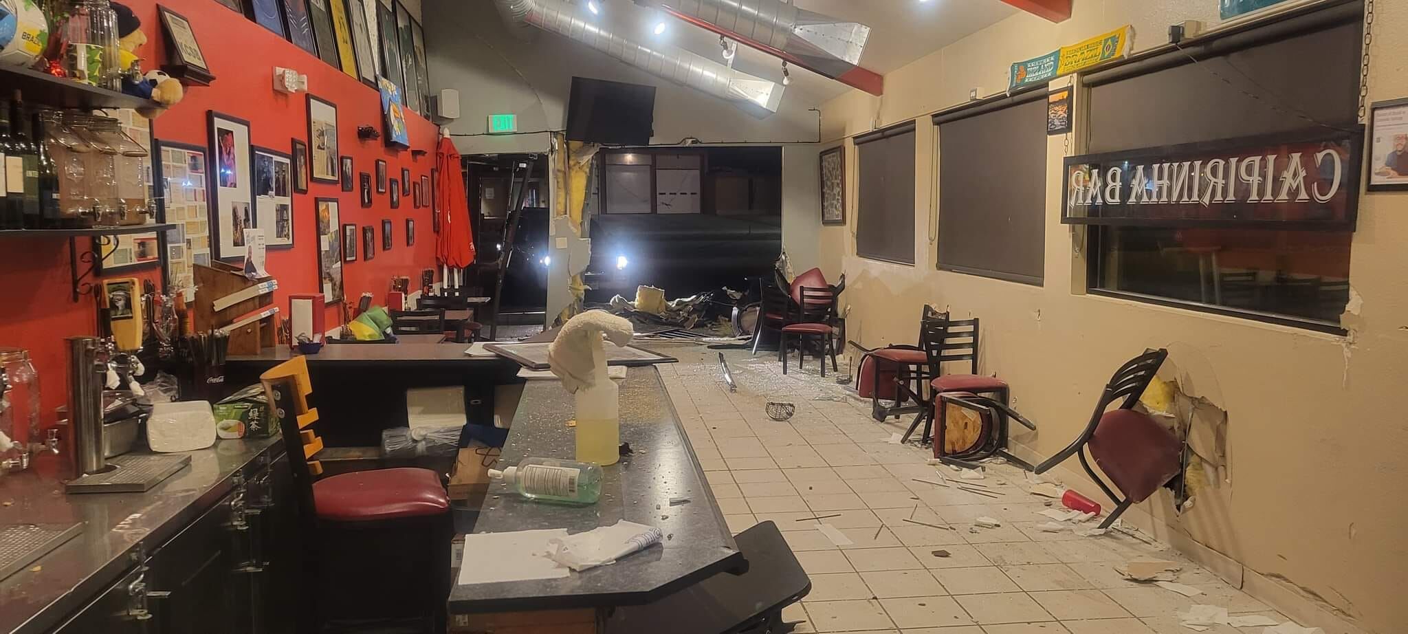 A car slammed into Taste of Brasil in Colorado Springs sometime Monday night, leaving the restaurant known for its authentic Brazilian cuisines