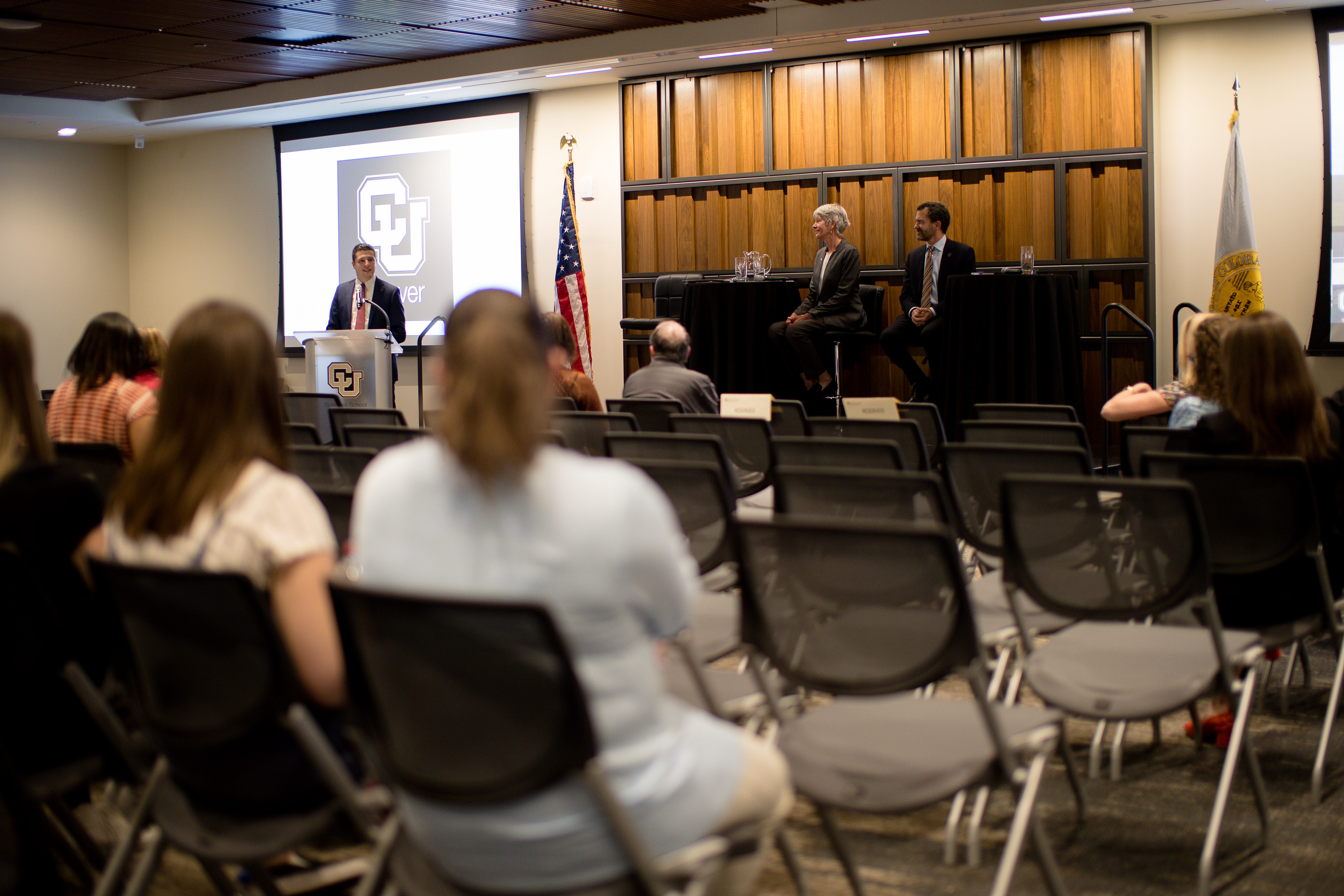 Jack Kroll, with the Board of Regents, makes an introduction at a public forum giving people the chance to ask questions of Todd Saliman, the sole finalist for the University of Colorado president position, Tuesday, April 19, 2022. (Sara Hertwig/for The Denver Gazette)