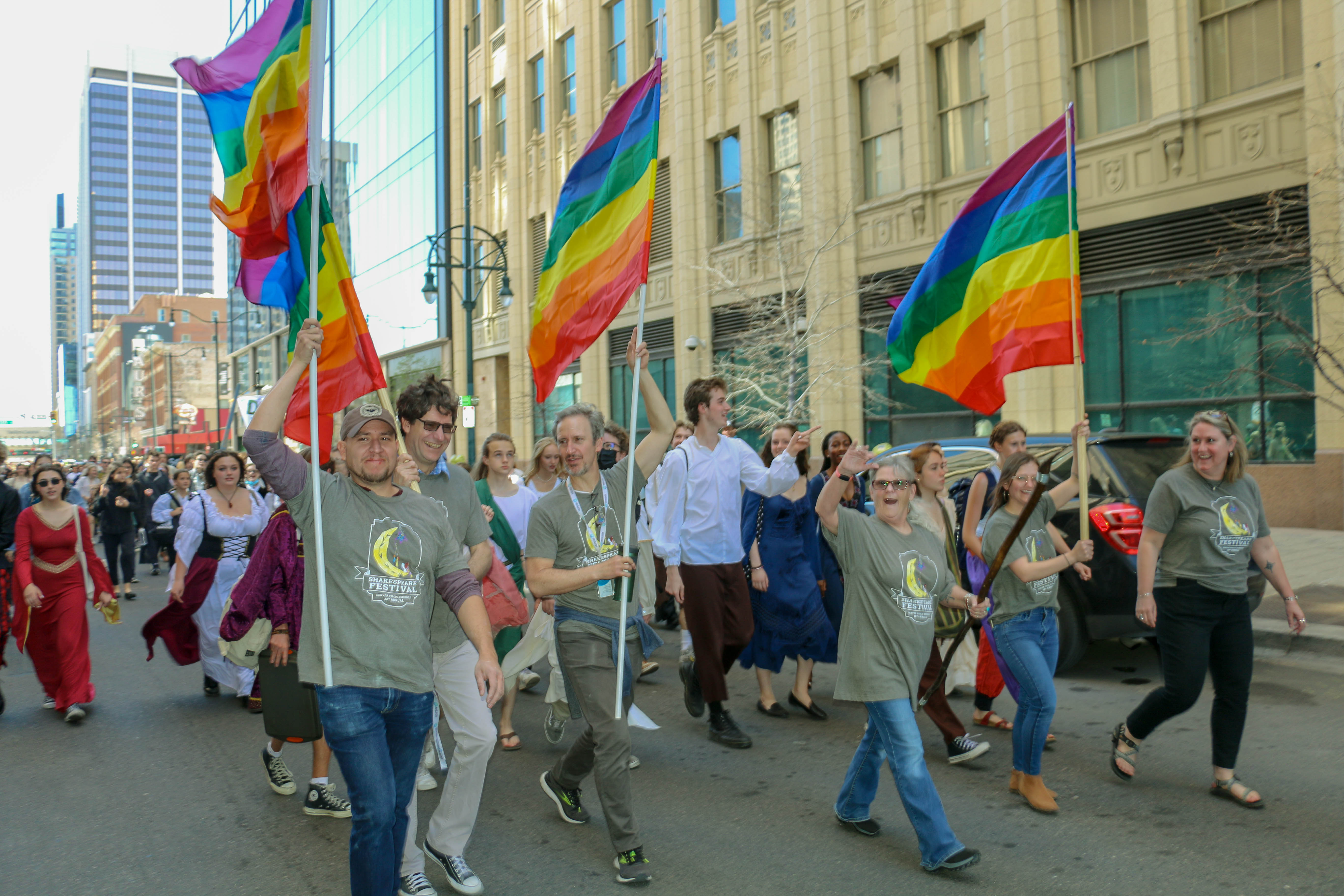 The staff of DCPA Education carry the official DPS Shakespeare Festival flags. (JohnMooreSenior Arts Journalistjohn.moore@denvergazette.comhttps://denvergazette.com/content/tncms/avatars/e/1e/bc8/e1ebc854-8dbc-11ec-90b8-e393b5c0a2b9.afcf882df81bc4eba7366657cc603f75.png)