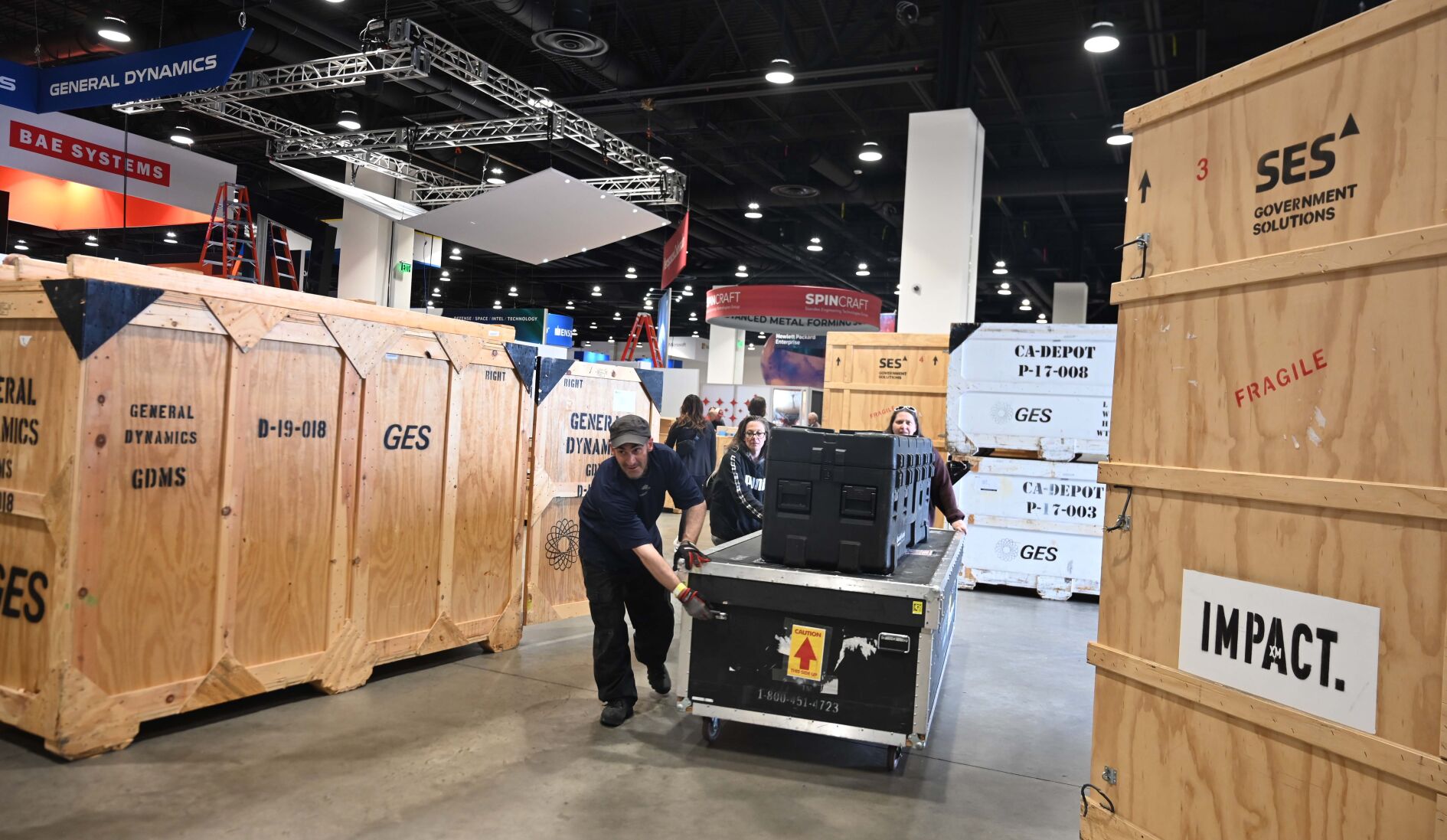 It was a beehive of activity as crews set up for the opening day of the 37th Space Symposium at the Broadmoor on Sunday, April 3, 2022. (Photo by Jerilee Bennett, The Gazette) (Jerilee Bennett)