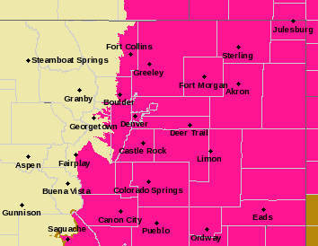 This map from Thursday shows than over half of the state will be in a Red Flag Warning for Friday. Low humidity, high temperatures and gusts of up to 50 mile per hour winds in the afternoon have created conditions for an area much larger than they were for the Marshall Fire. (Boulder National Weather Service)