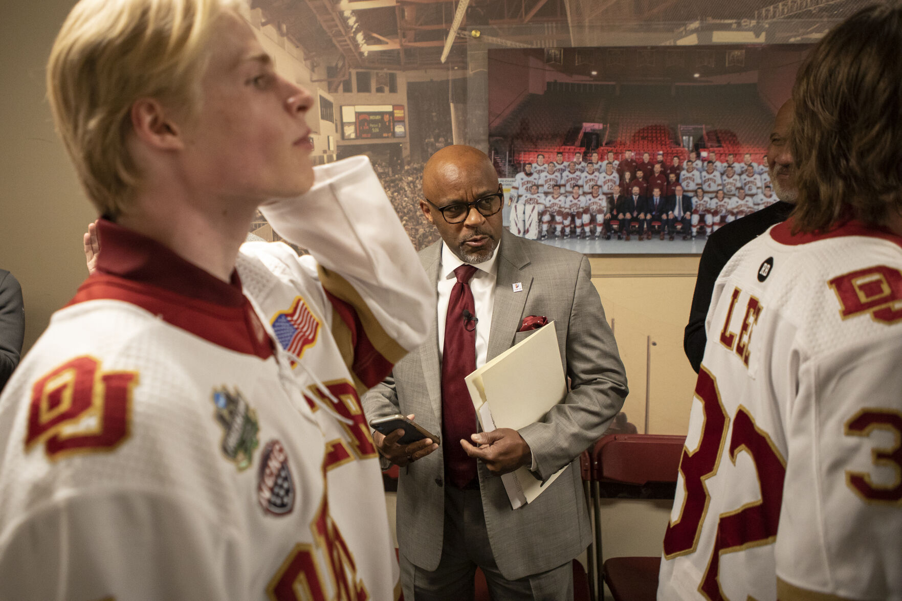Denver Mayor Michael Hancock looks on as the University of Denver Men’s Hockey Team lines up to take the ice during the 2022 National Championship Celebration on Tuesday, April 12, 2022, at Magness Arena in Denver, Colo. (Timothy Hurst/The Denver Gazette) (Timothy Hurst, The Denver Gazette)