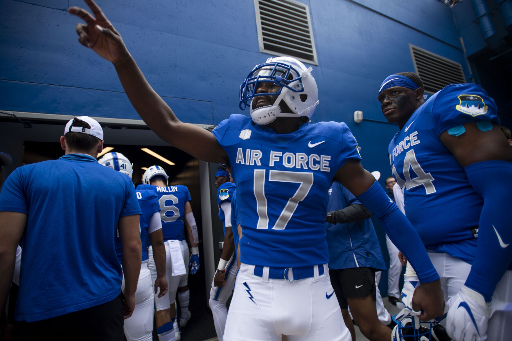Air Force cornerback Zion Kelly (17) reacts before the start of the Falcons' season opener against Lafayette at Falcon Stadium in the Air Force Academy on Saturday, Sept. 4, 2021. The Falcons won the game against the Leopards 35-14. (Chancey Bush/The Gazette) (Chancey Bush/ The Gazette)