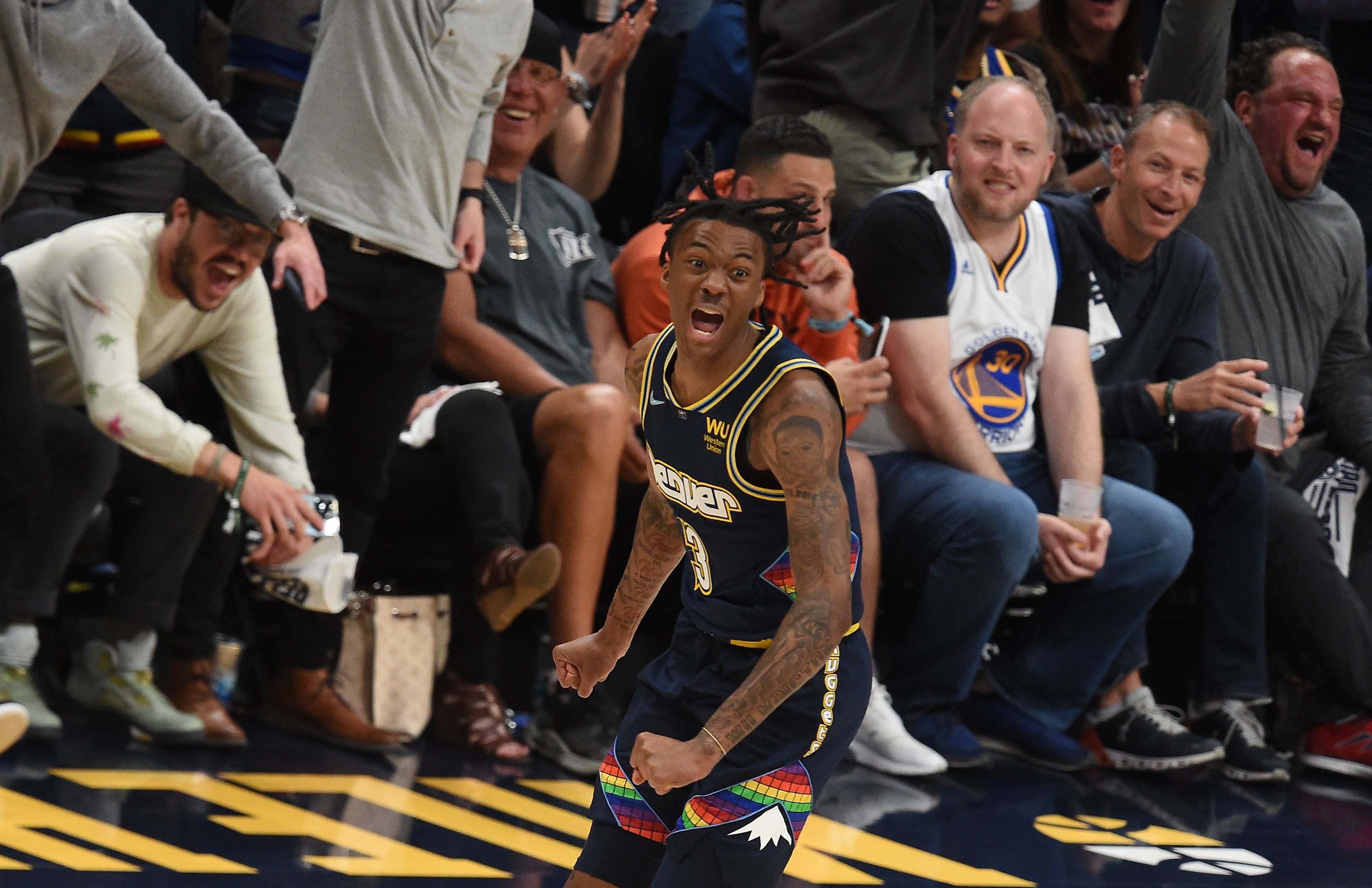 Nuggets Bones Hyland celebrates with the crowd after scoring his 3rd 3-pointer in a row. Nuggets lead at the half (Photo by Jerilee Bennett, The Gazette) (Jerilee Bennett)