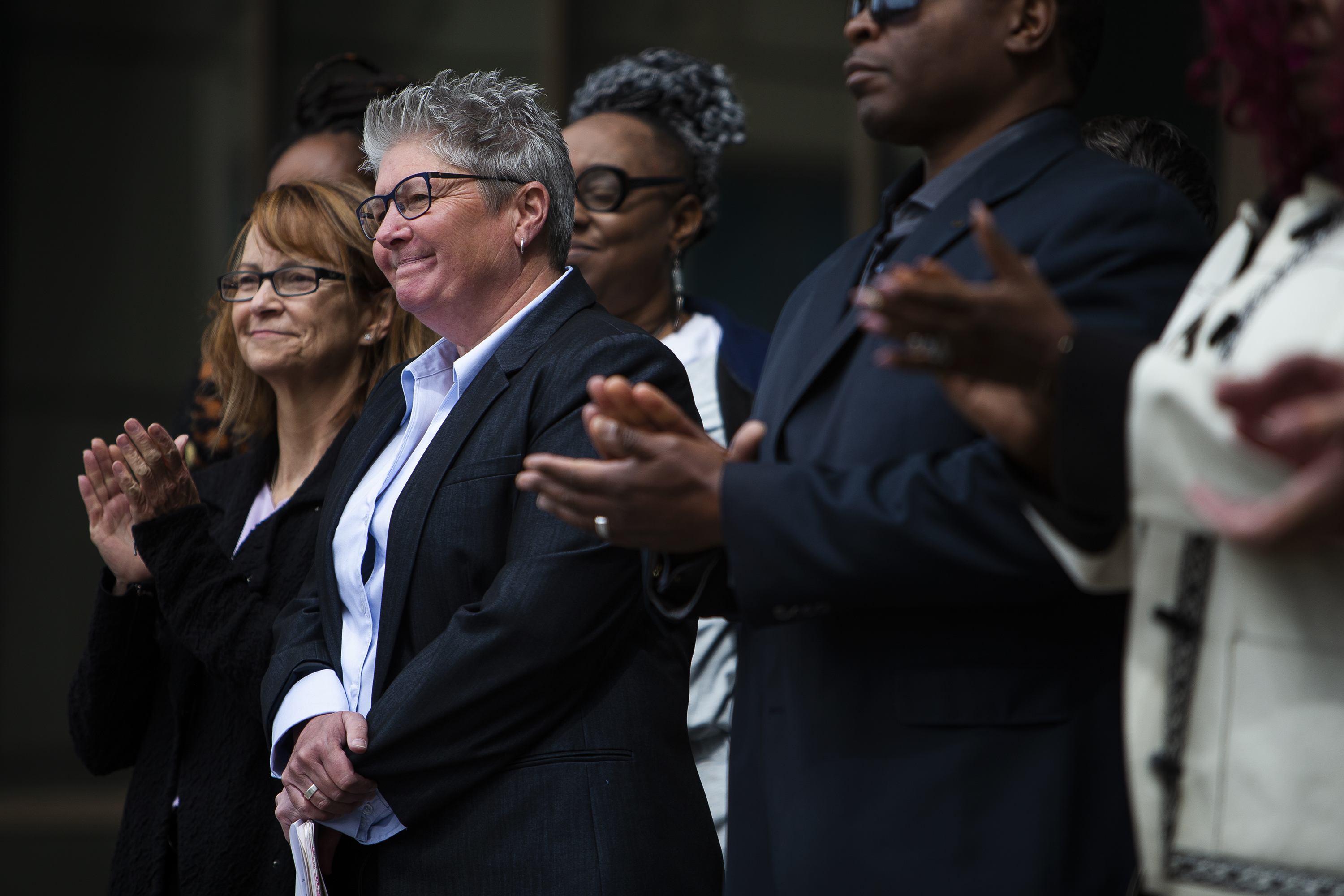 Former Aurora police chief Vanessa Wilson smiles while others applaud her during a press conference on Monday, April 11, 2022, at the Aurora Municipal Center in Aurora, Colo. (Timothy Hurst/The Denver Gazette) (Timothy Hurst)